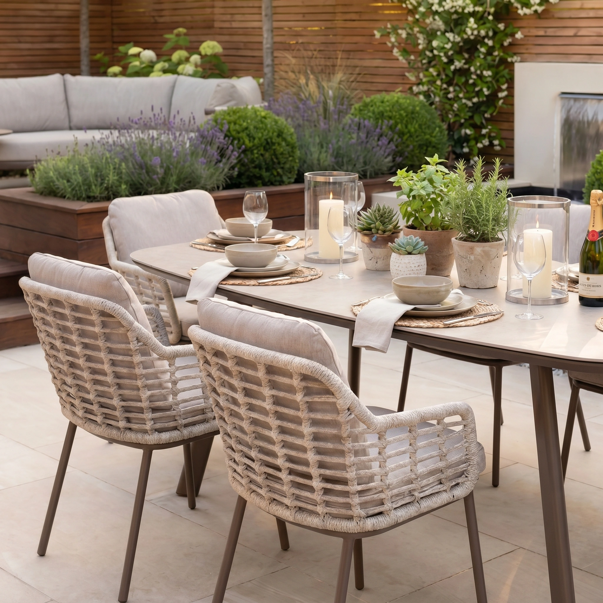 Modern outdoor dining area featuring the Sutera 6 Seat Curved Rectangular Dining Set in Putty, paired with woven chairs, a set table, candles, and lush plants for a stylish garden atmosphere.