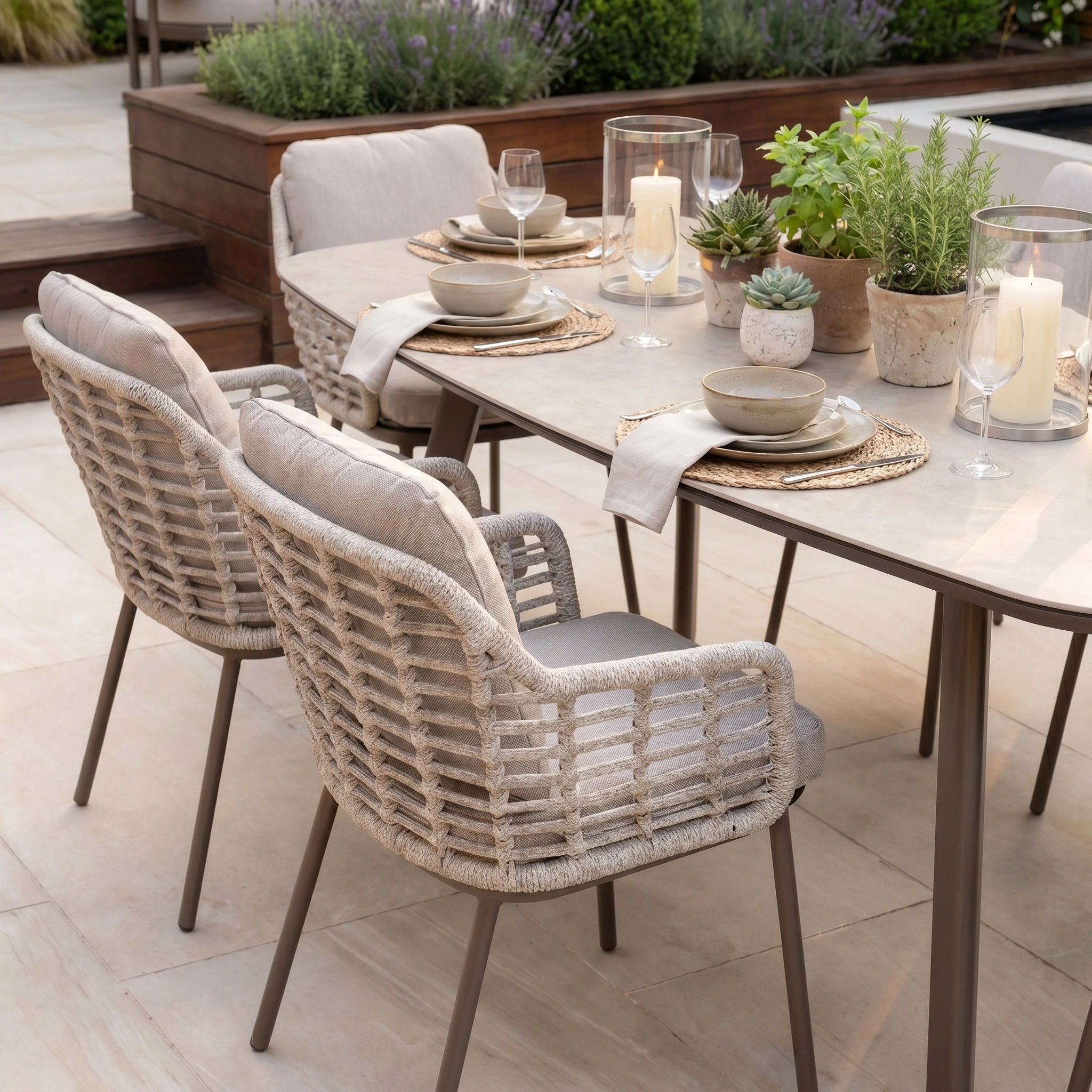 The Sutera 6 Seat Curved Rectangular Dining Set in Putty features woven chairs and is ideal for stylish alfresco gatherings, complete with coordinated plates, glasses, candles, and neatly arranged potted plants.