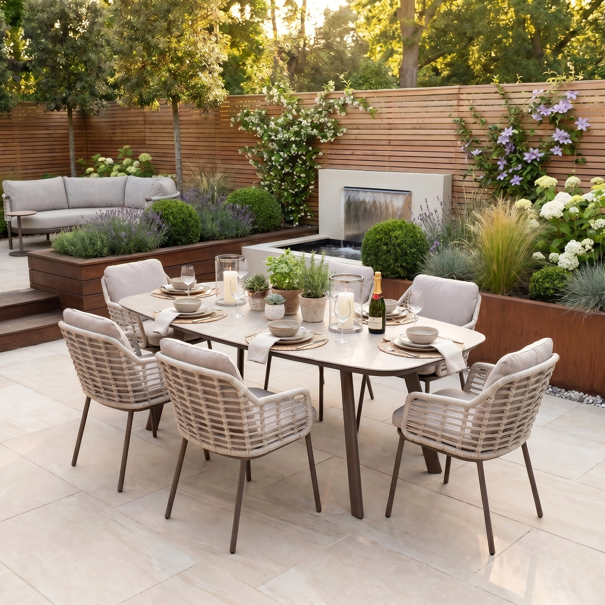 The Sutera 6 Seat Curved Rectangular Dining Set in Putty features stylish woven chairs and a table, perfect for outdoor dining with champagne.