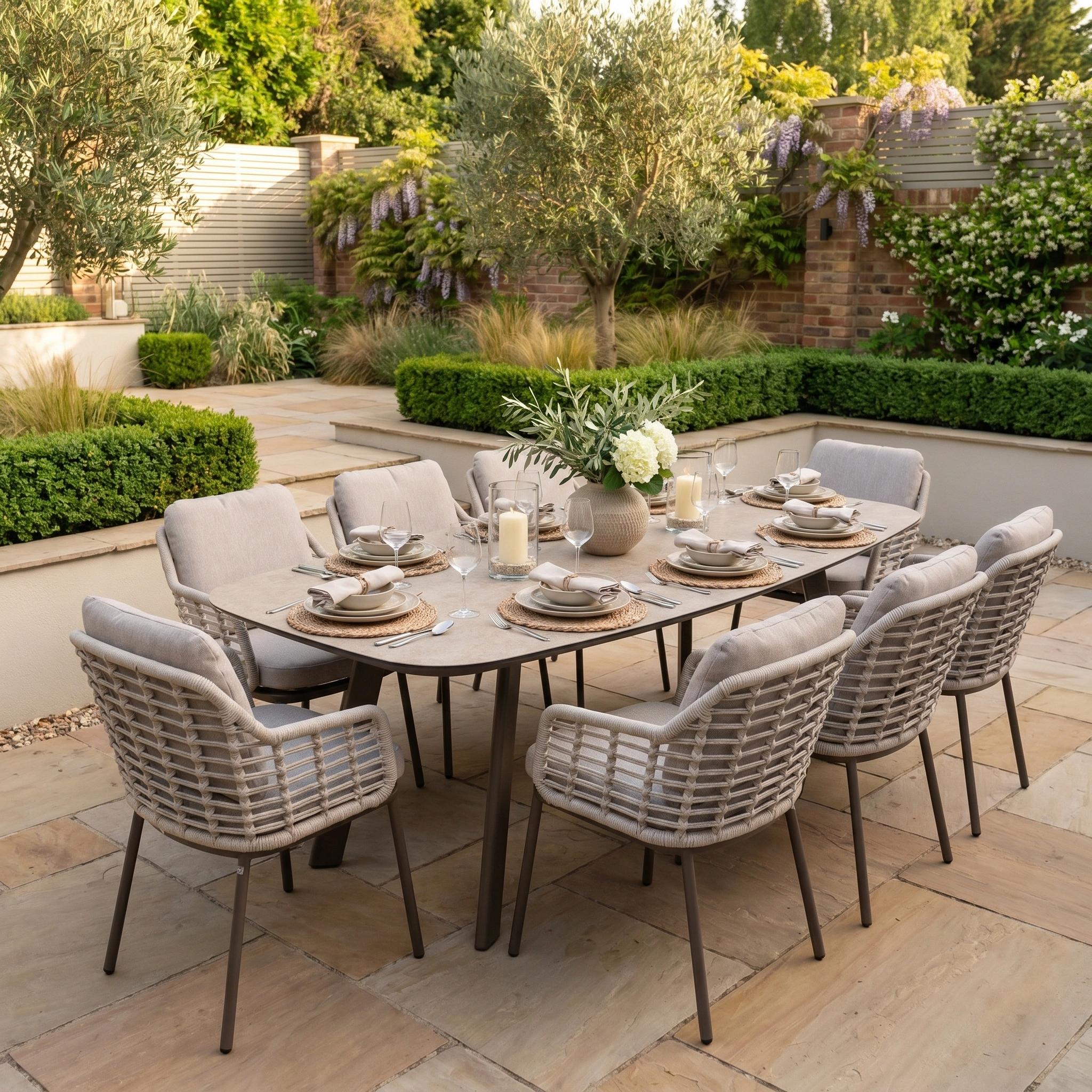 Host elegant outdoor meals with the Sutera 8 Seat Curved Rectangular Dining Set in Putty, surrounded by lush greenery. This all-weather garden furniture combines style and durability, perfect for gatherings in any season.