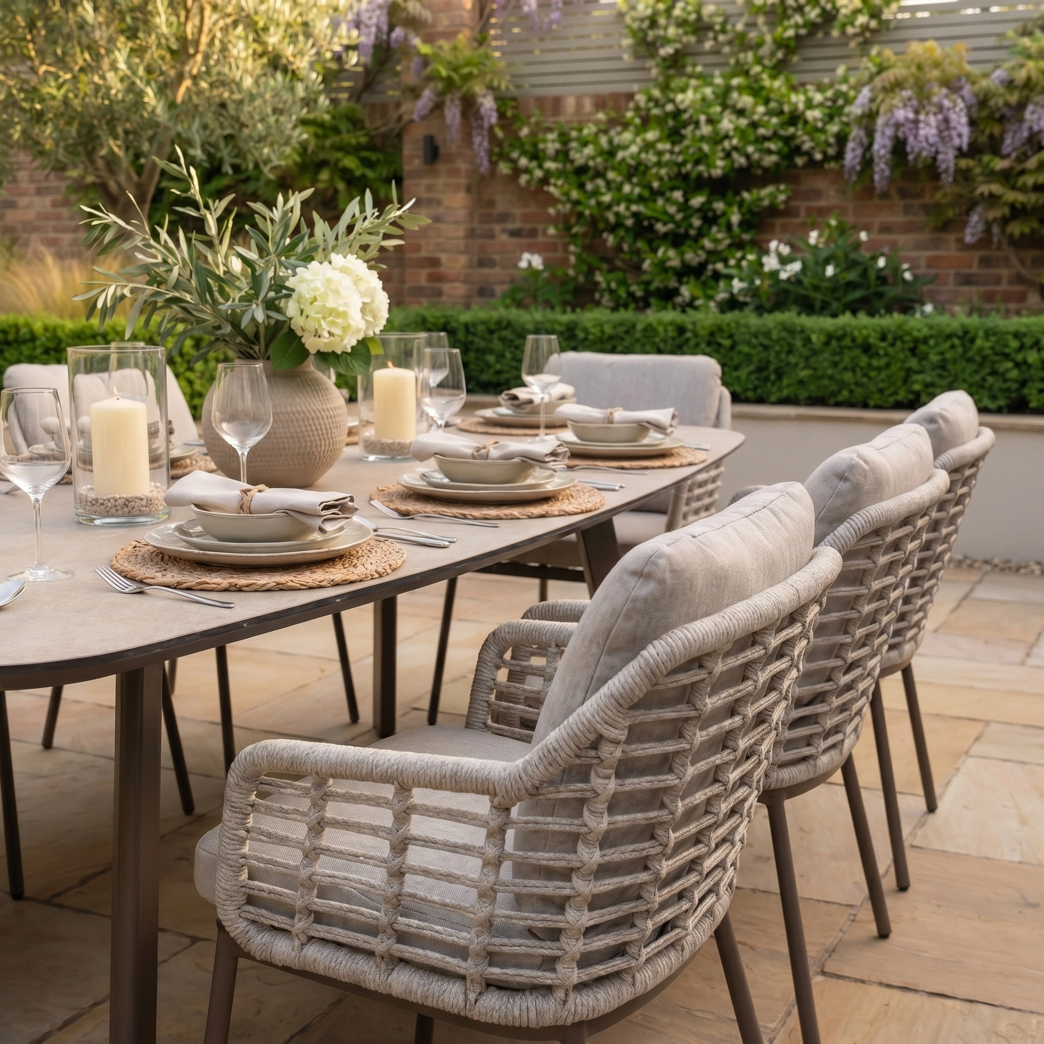 The Sutera 8 Seat Curved Rectangular Dining Set in Putty features cushioned chairs and elegant tableware in a garden setting—an all-weather choice perfect for stylish outdoor gatherings.