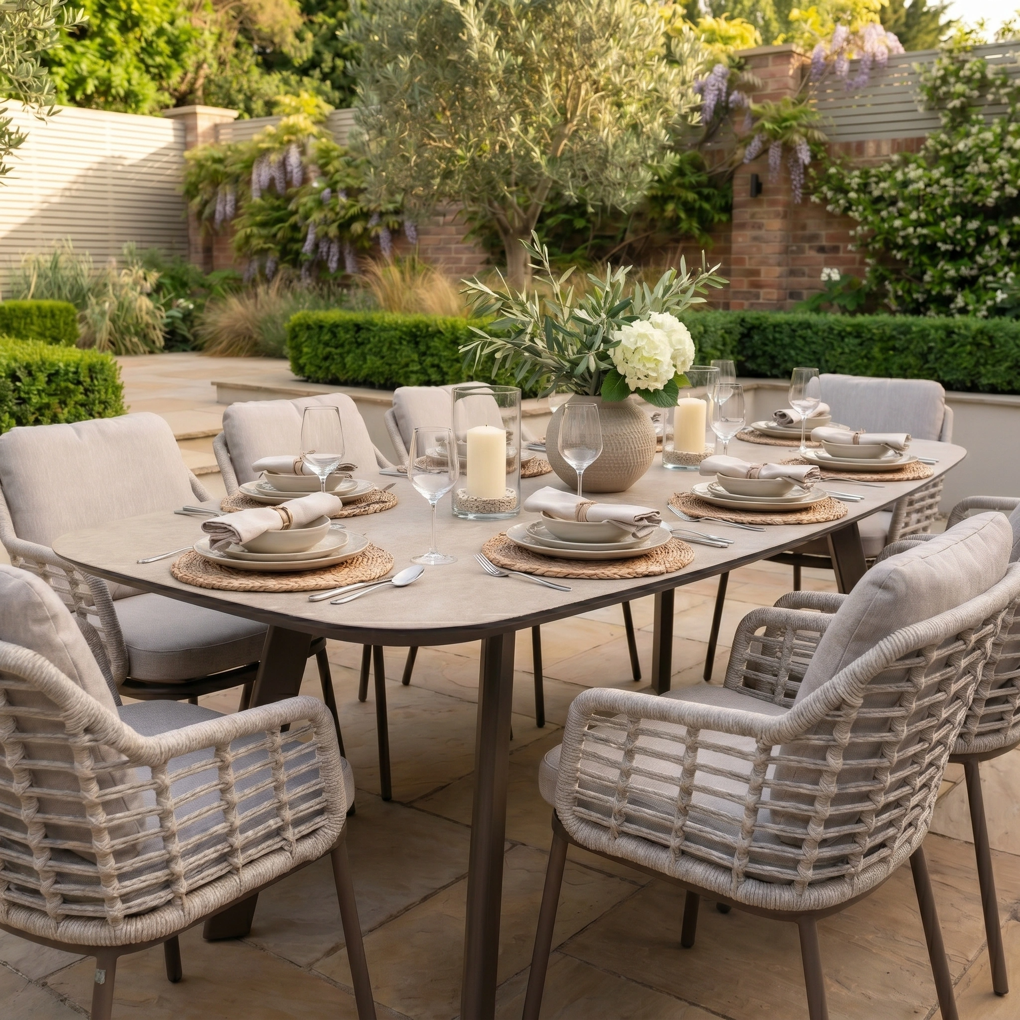 The Sutera 8 Seat Curved Rectangular Dining Set in Putty features all-weather elegance with neutral tones, woven chairs, and seating for eight—ideal for stylish alfresco dining amid lush garden surroundings.