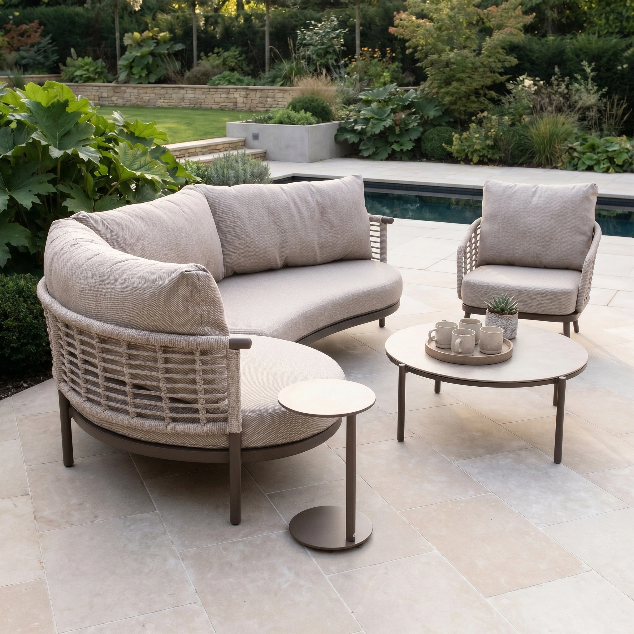 The Sutera Curved Chaise Sofa Set with Armchair in Putty, featuring all-weather beige cushions, sits poolside amid greenery and stone tiles.