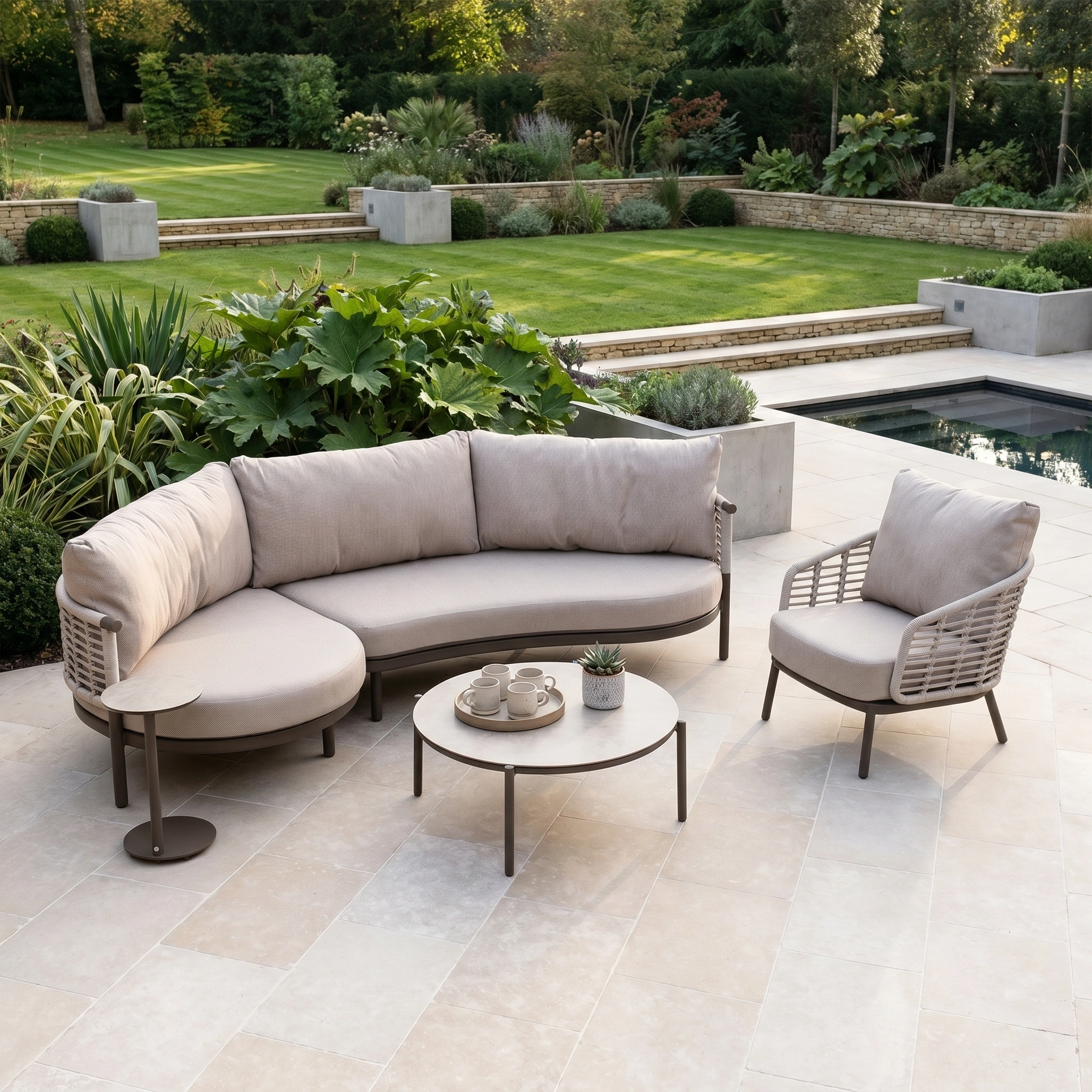 The Sutera Curved Chaise Sofa Set with Armchair in Putty features all-weather cushions, perfect for patios overlooking landscaped gardens and pools.