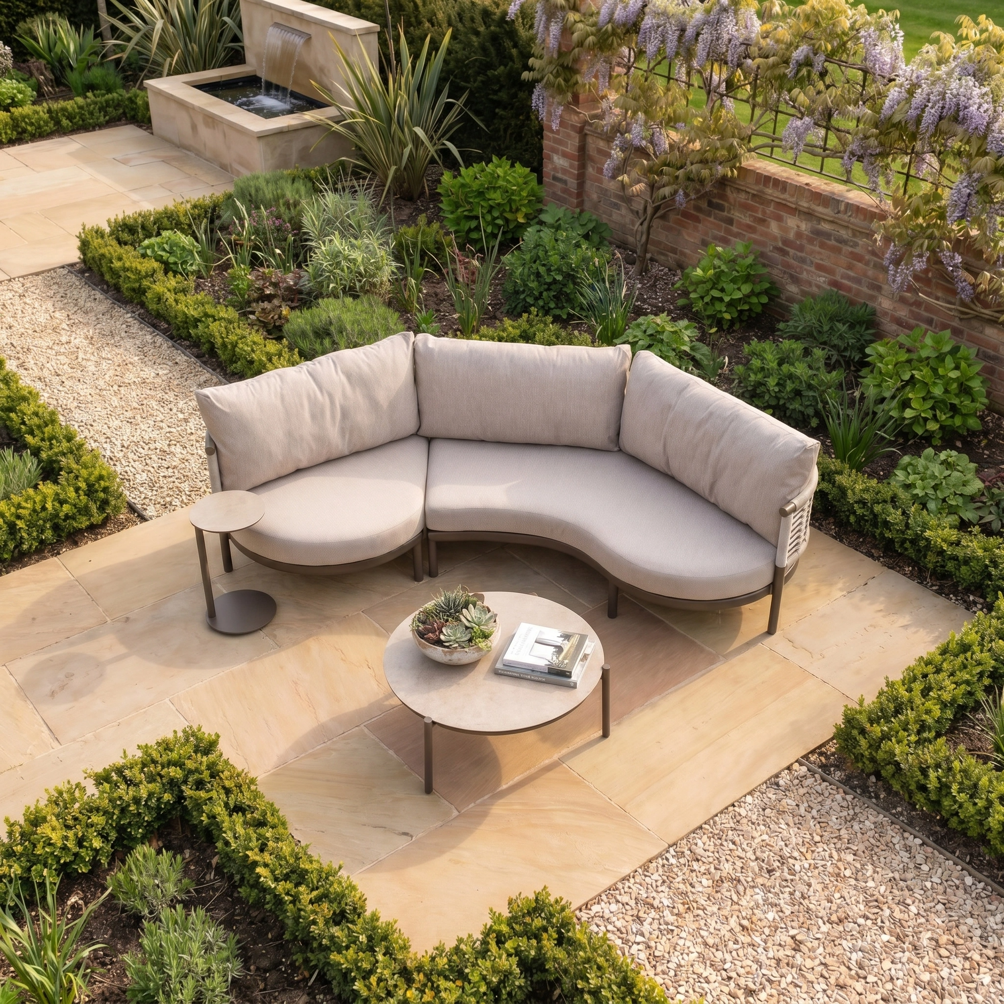 The Sutera Curved Chaise Sofa Set in Putty with all-weather cushions pairs perfectly with a coffee table on a patio, surrounded by a garden and waterfall feature.