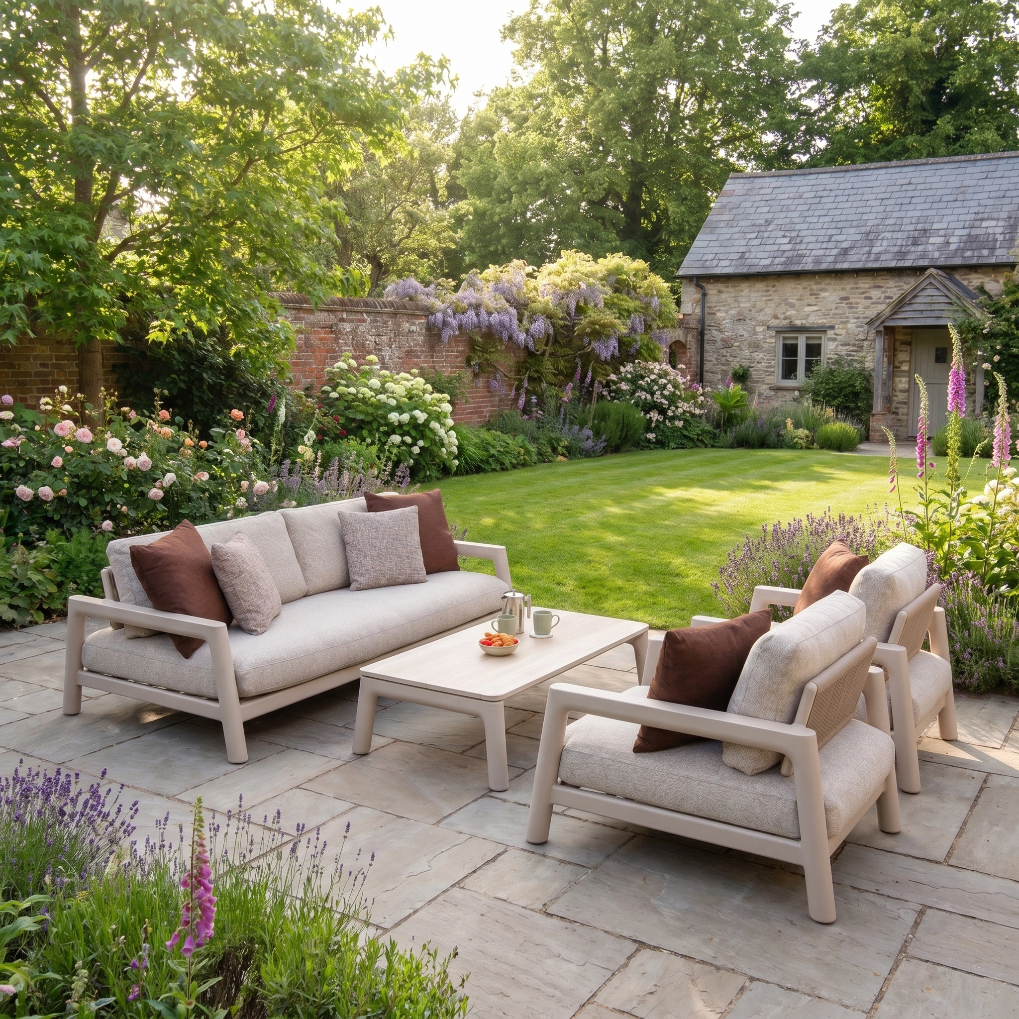The Theia 3 Seat Sofa Set in Oatmeal sits on a stone patio, surrounded by a blooming garden and a charming stone cottage.