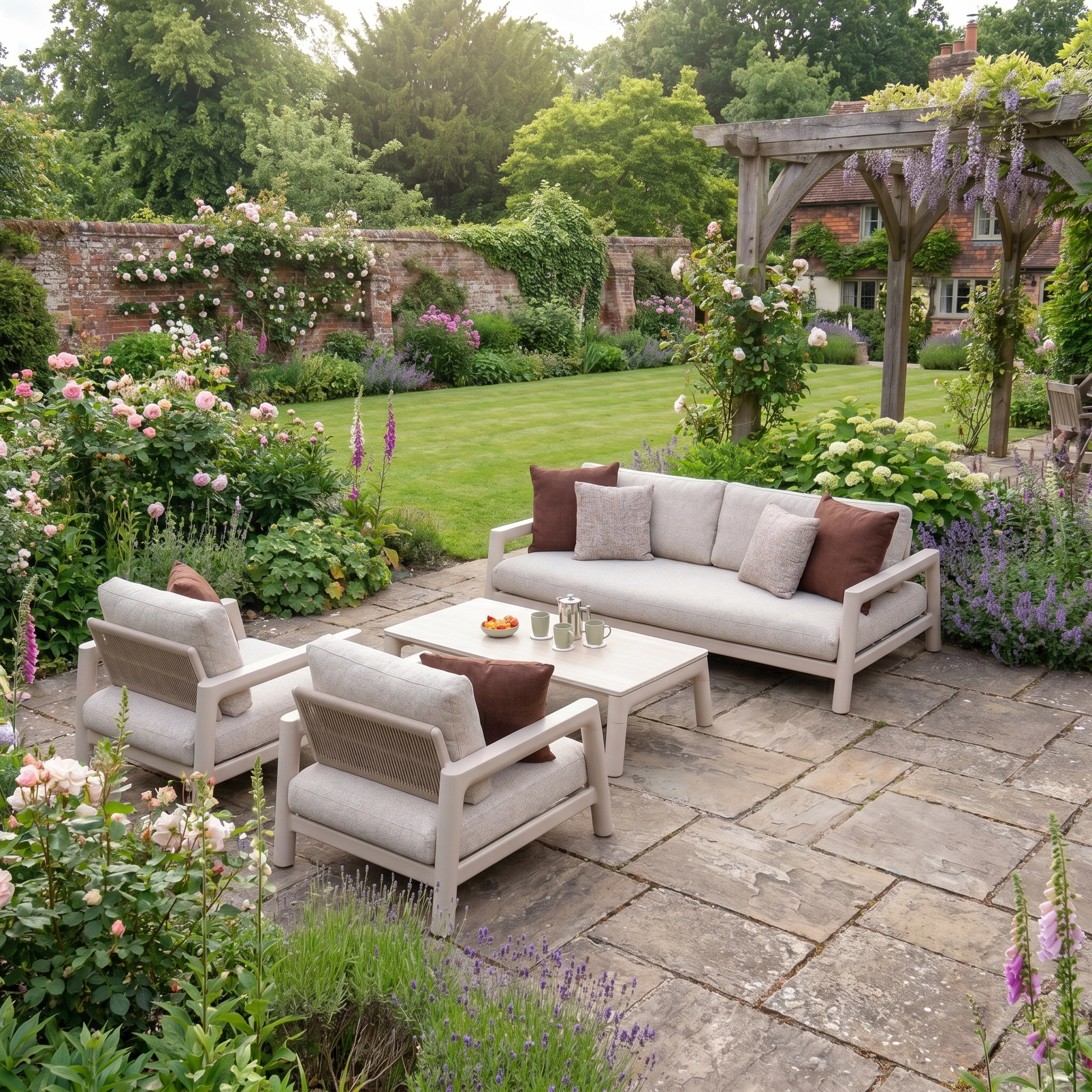 Outdoor patio with the Theia 3 Seat Sofa Set in Oatmeal, cushioned chairs, a coffee table, and garden flowers on a stone terrace surrounded by lush greenery.