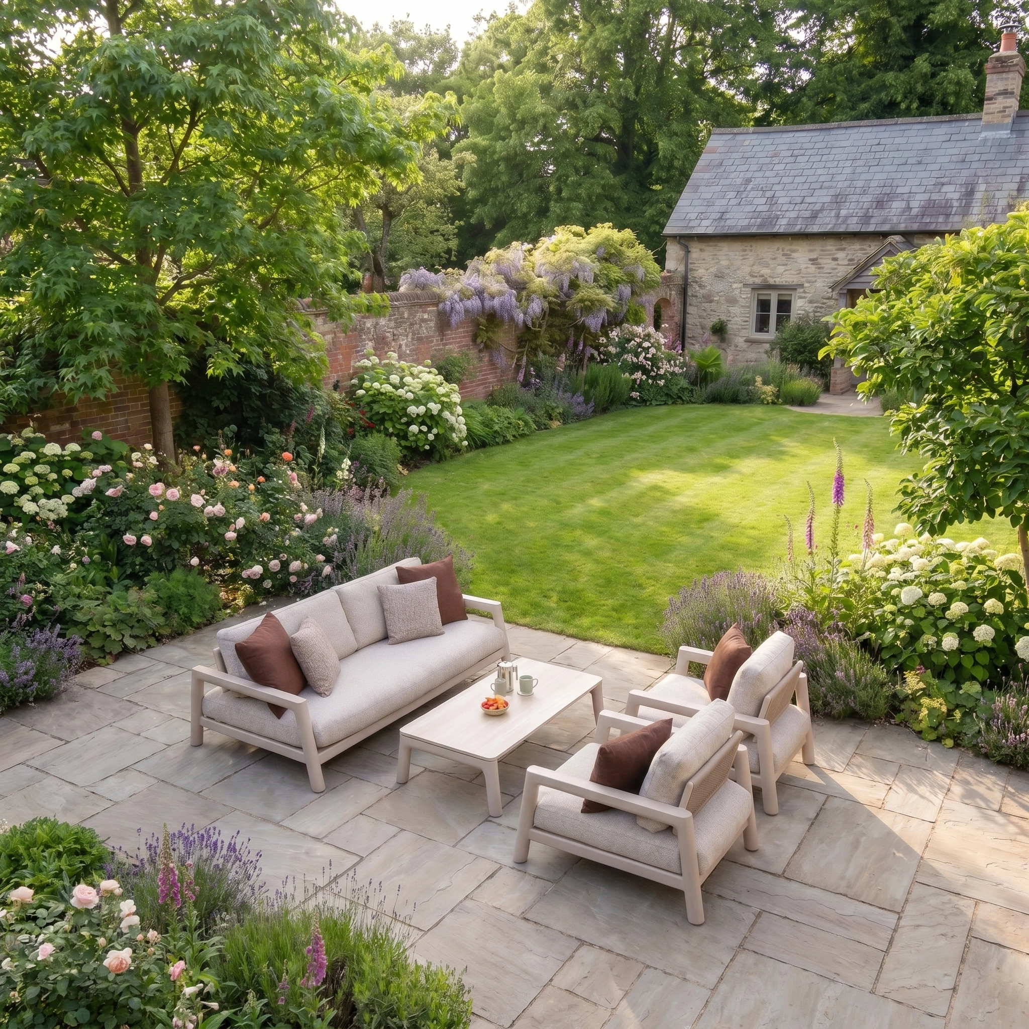 A stone cottage garden with a patio, Theia 3 Seat Sofa Set in Oatmeal, chairs, and vibrant plantings creates a welcoming oasis for relaxation.