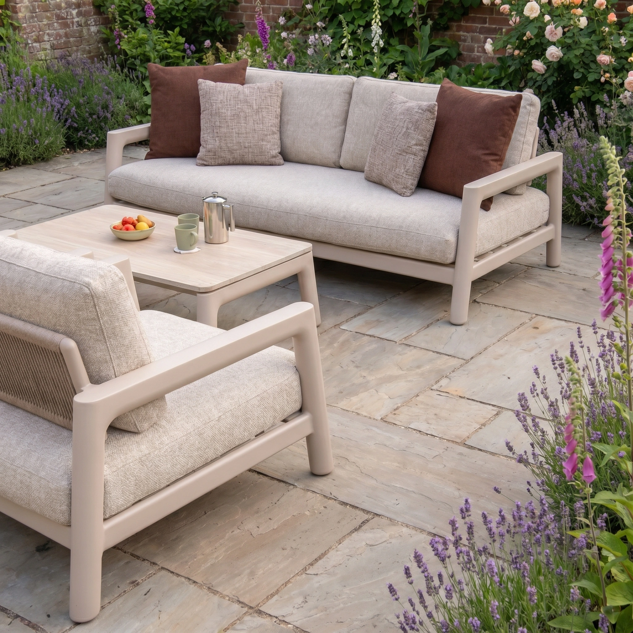 Outdoor patio featuring the Theia 3 Seat Sofa Set in Oatmeal with brown cushions, a coffee table topped with fruit, and blooming flowers surrounding the space.