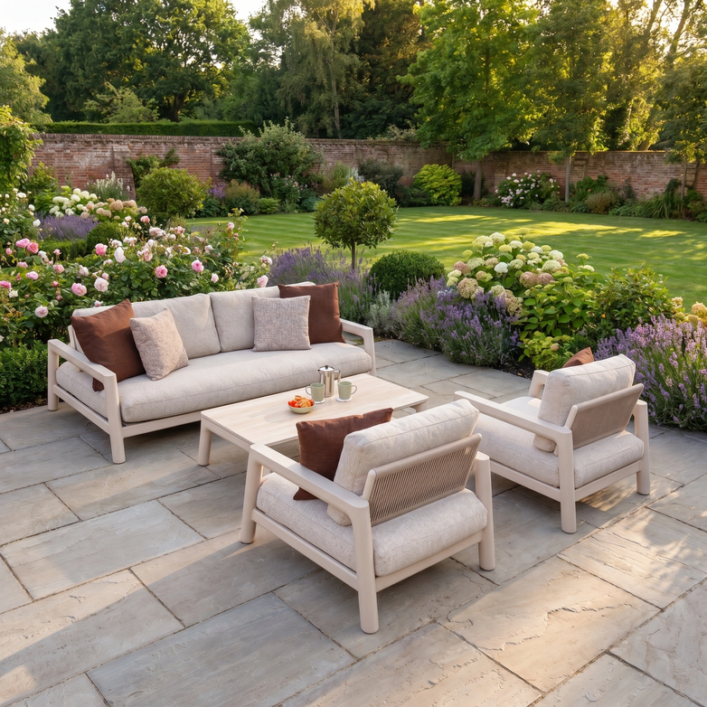 The Theia 3 Seat Sofa Set in Oatmeal, with woven olefin rope accents and comfy cushions, sits on a stone terrace overlooking a lush garden.