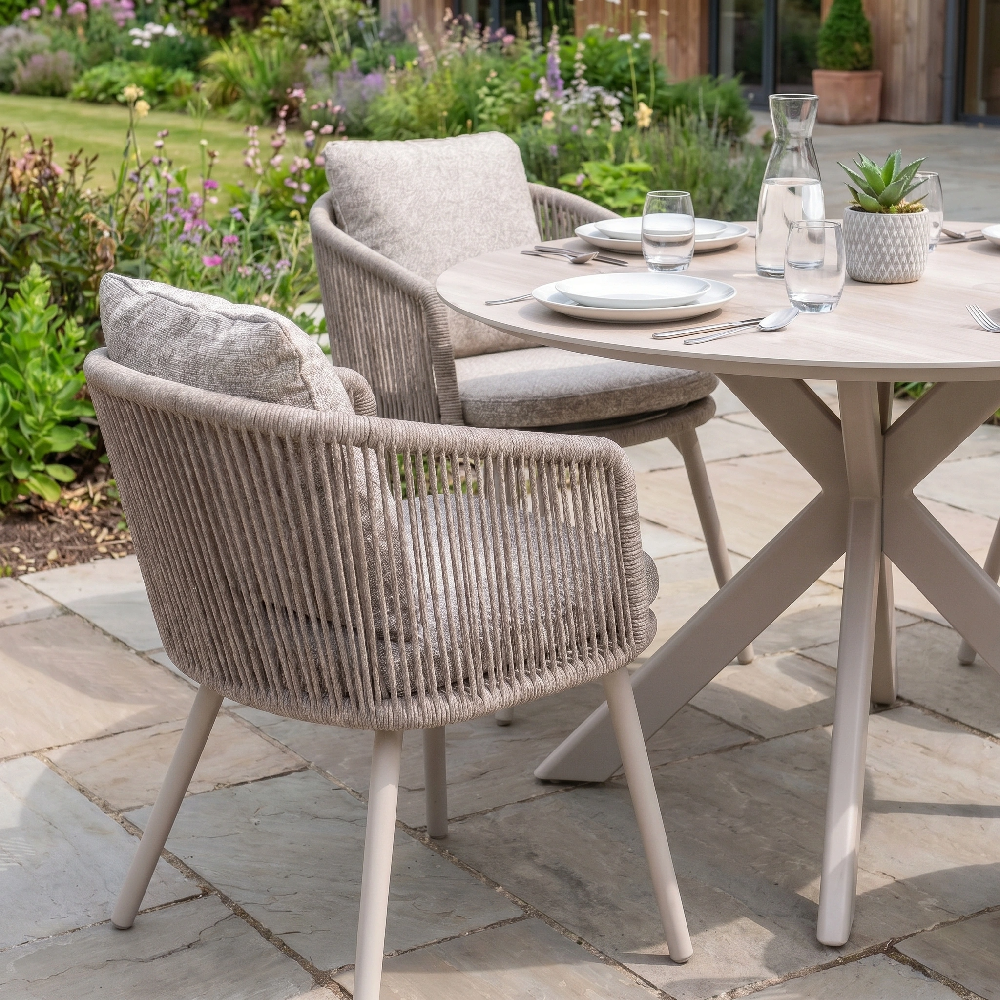 Enjoy outdoor dining with the Theia 4 Seat Round Rope Dining Set featuring Oatmeal rope chairs and the stylish Albatross Table, ideal for any garden.