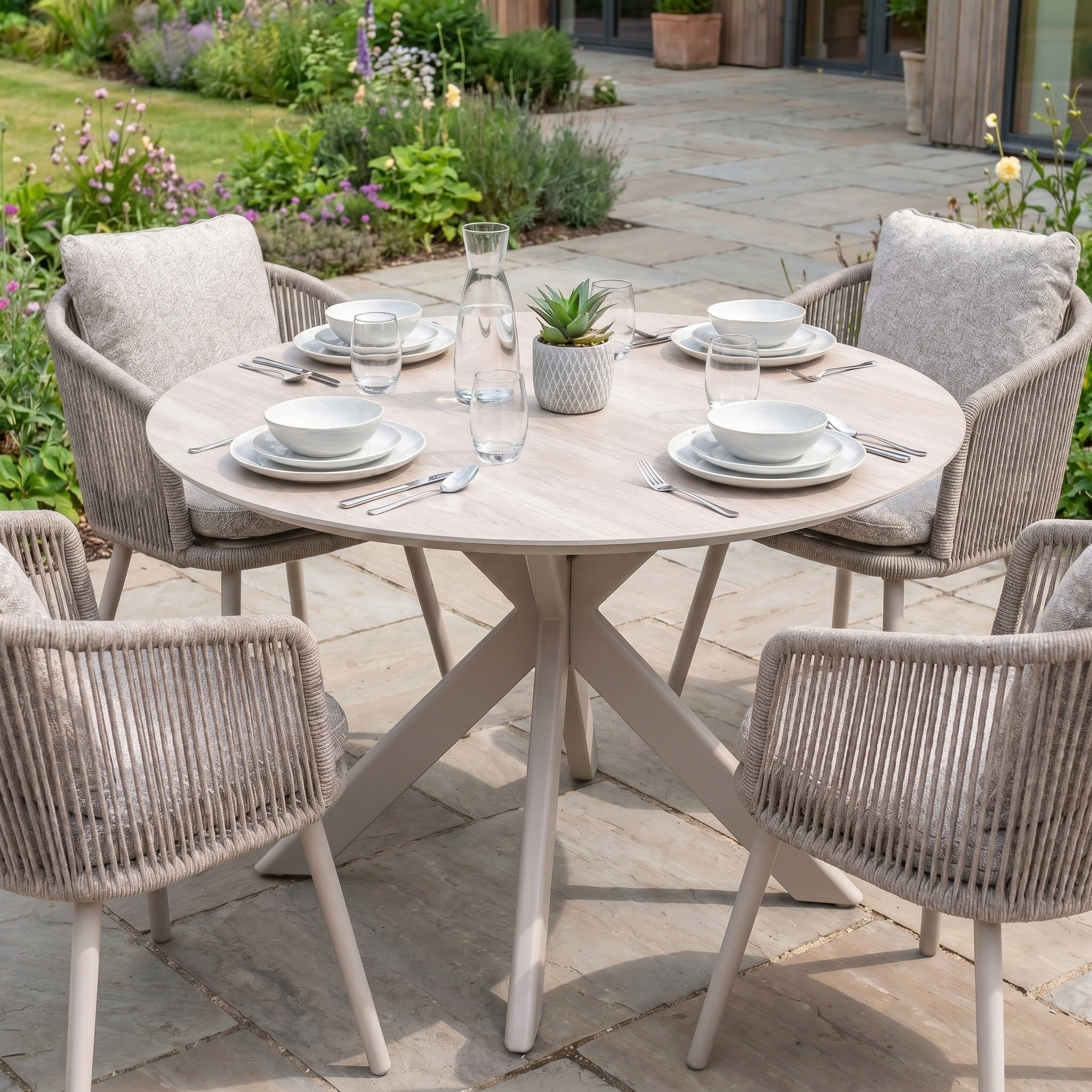 The Theia 4 Seat Round Rope Dining Set with Albatross Table in Oatmeal sits invitingly on a stone patio—perfect for outdoor dining in style.