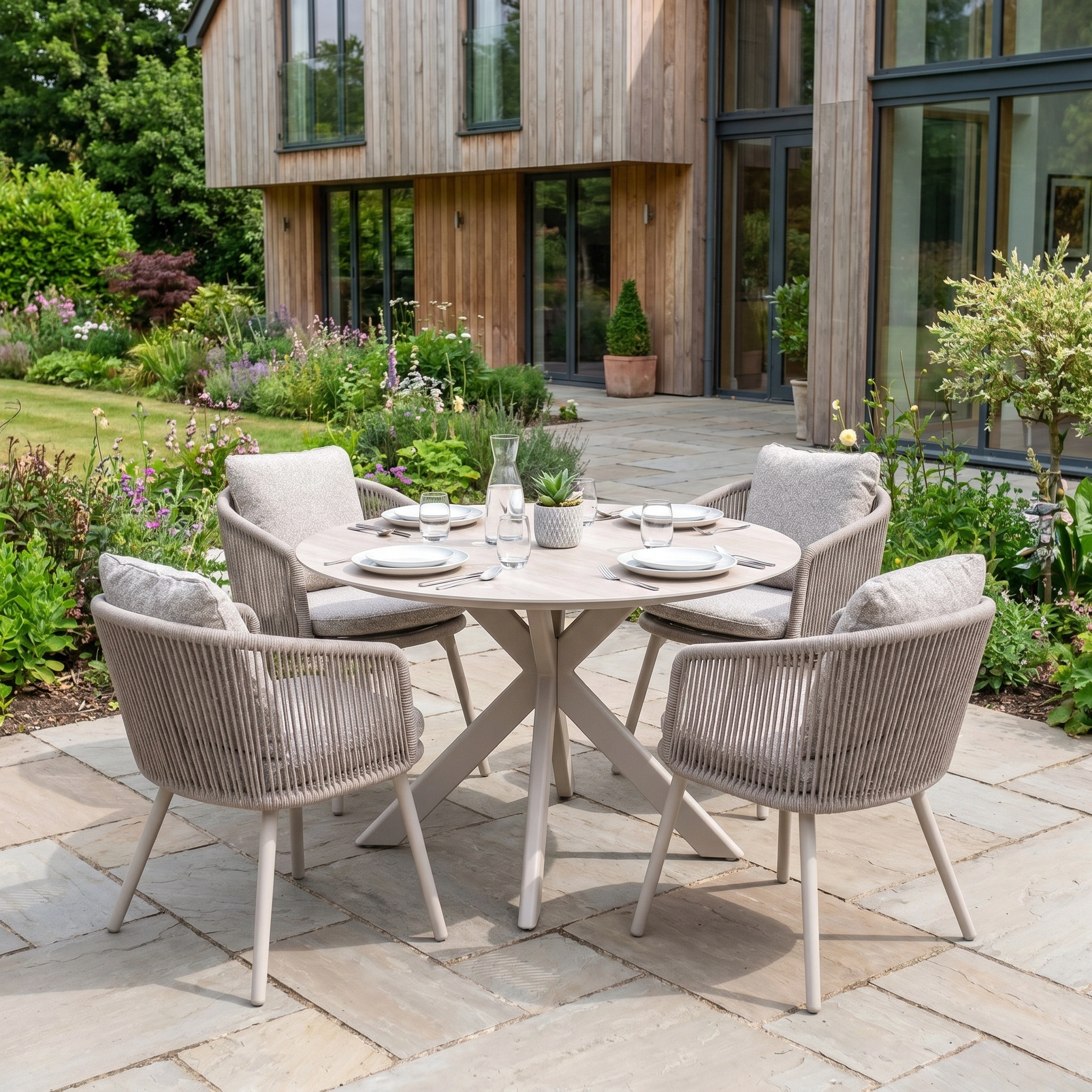 The Theia 4 Seat Round Rope Dining Set with Albatross Table in Oatmeal sits on a stone patio by a modern house, making it perfect for outdoor dining.