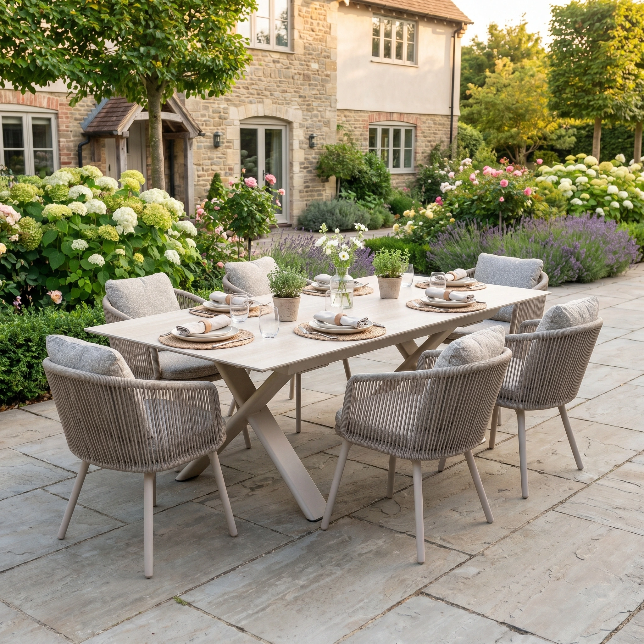 A stone house with a garden and the Theia 6 Seat Rope Dining Set with Albatross Extending Table in Oatmeal.