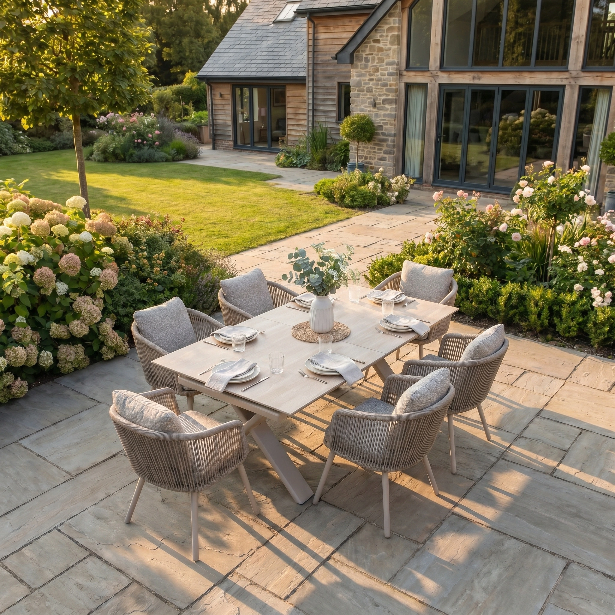 The Theia 6 Seat Rope Dining Set with Albatross Extending Table in Oatmeal is arranged on a stone patio in a lush garden beside the house.