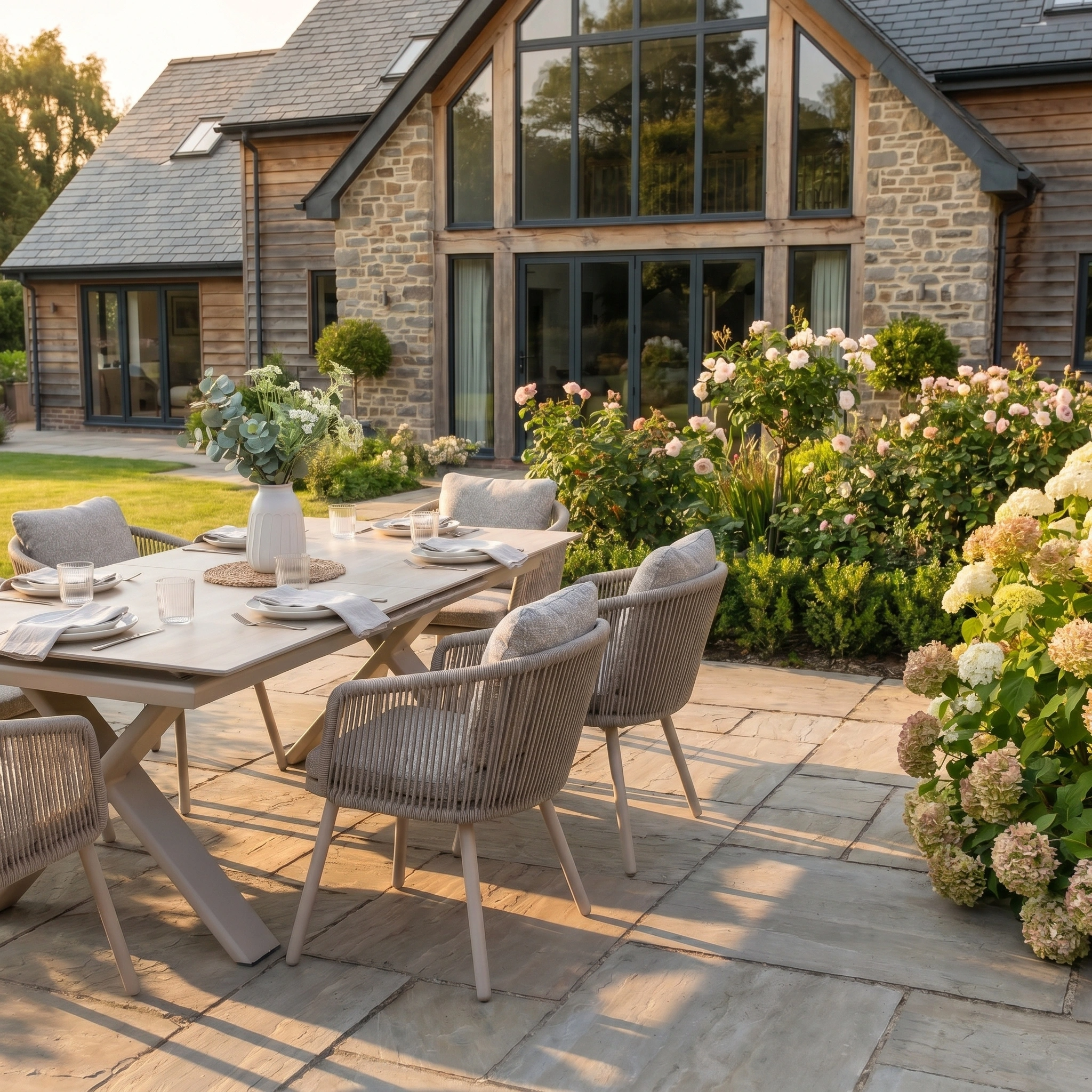 The Theia 6 Seat Rope Dining Set with Albatross Extending Table in Oatmeal is set on stone tiles next to a modern house with large windows and a blooming garden.