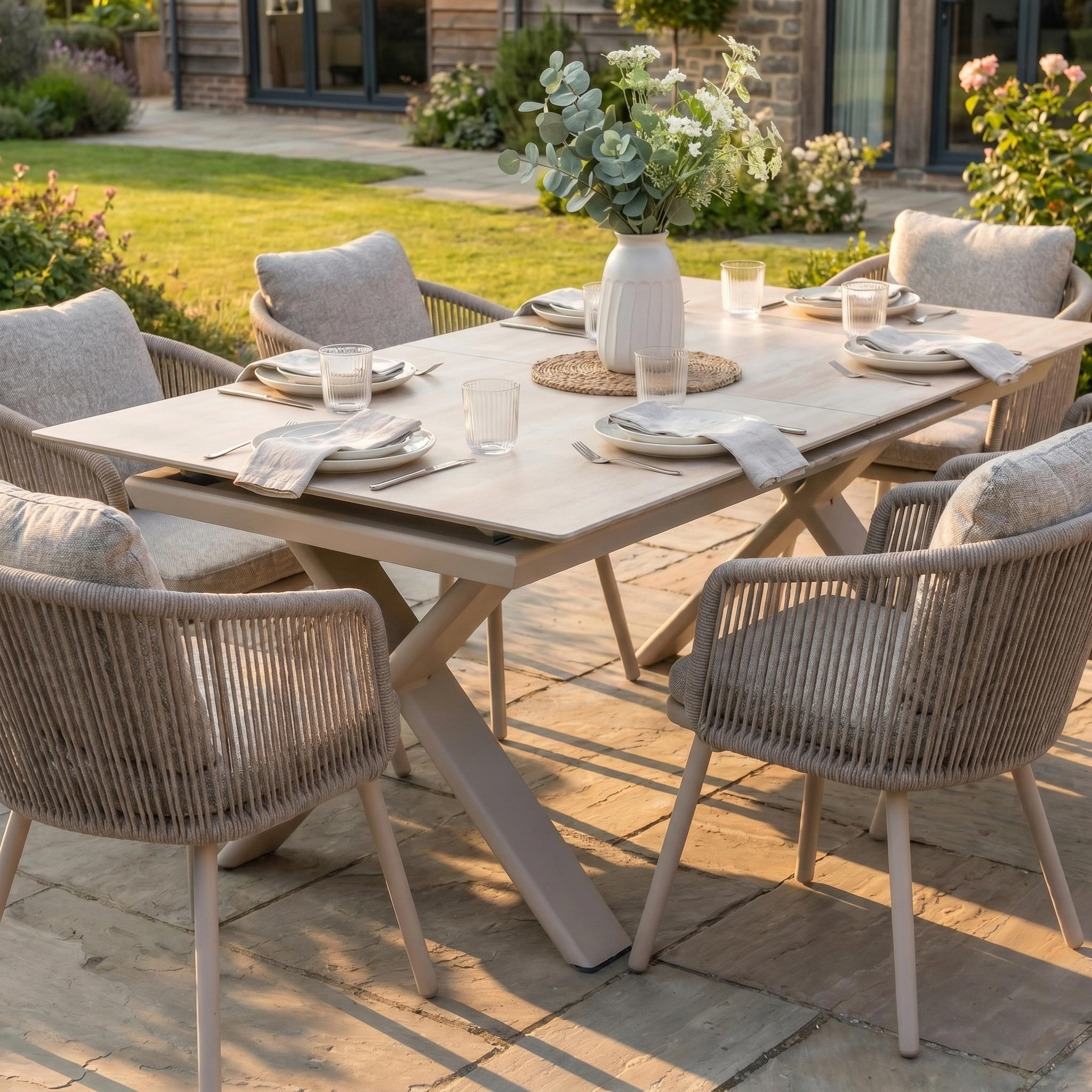 Theia 6 Seat Rope Dining Set with Albatross Extending Table in Oatmeal, including cushioned chairs and tableware, styled with a floral vase on a stone patio.