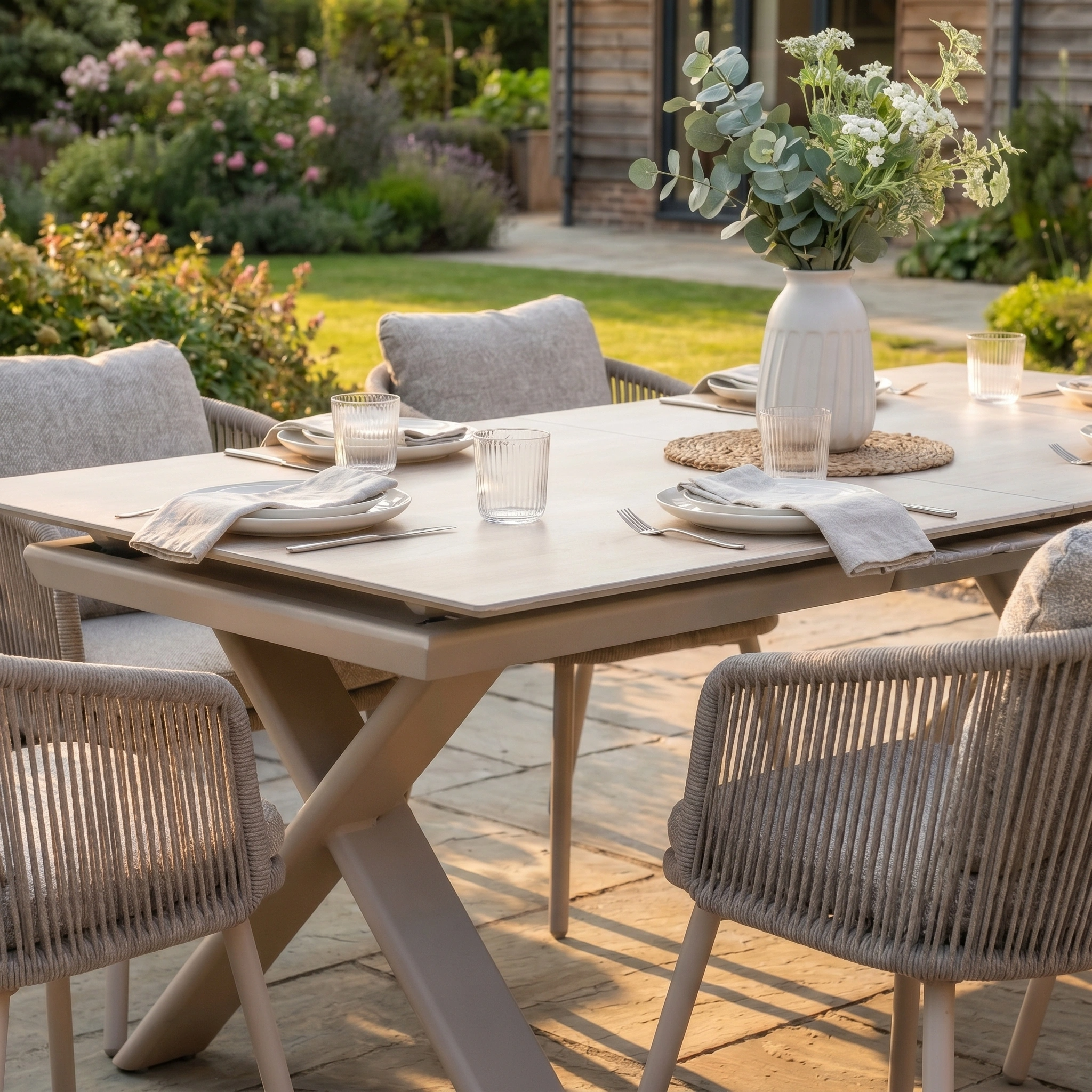 Theia 6 Seat Rope Dining Set with Albatross Extending Table in Oatmeal, beautifully arranged with glasses and a floral vase on a patio overlooking the garden.