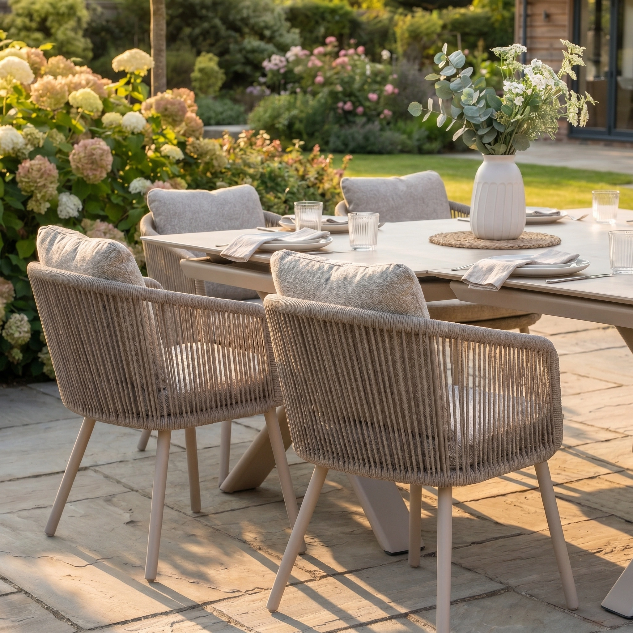 Theia 6 Seat Rope Dining Set with Albatross Extending Table in Oatmeal, elegantly arranged with plates and glasses in a garden surrounded by blooming flowers.