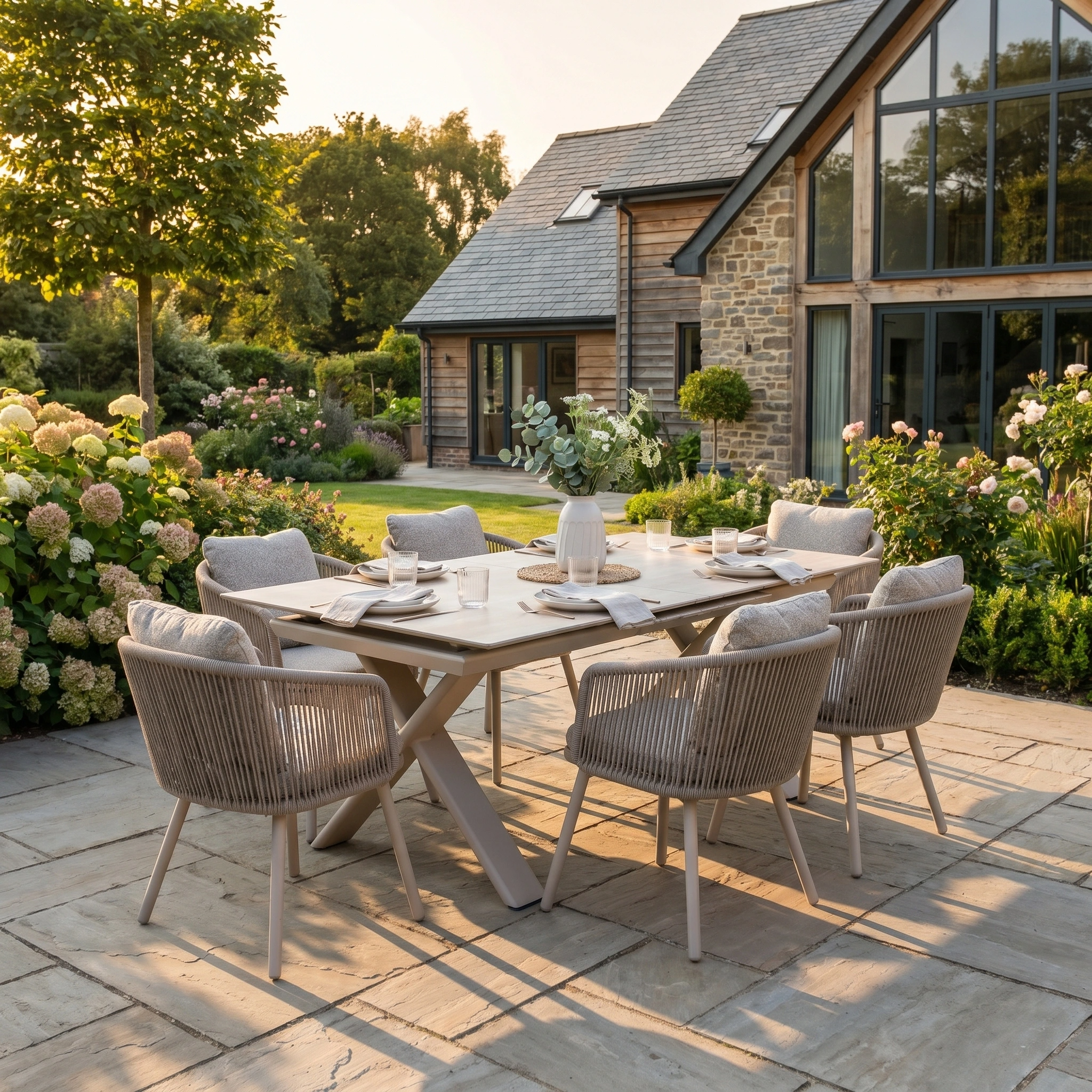The Theia 6 Seat Rope Dining Set with Albatross Extending Table in Oatmeal is ideal for outdoor dining and relaxed gatherings, featuring six chairs and a stylish extending table—perfect for your garden or patio.