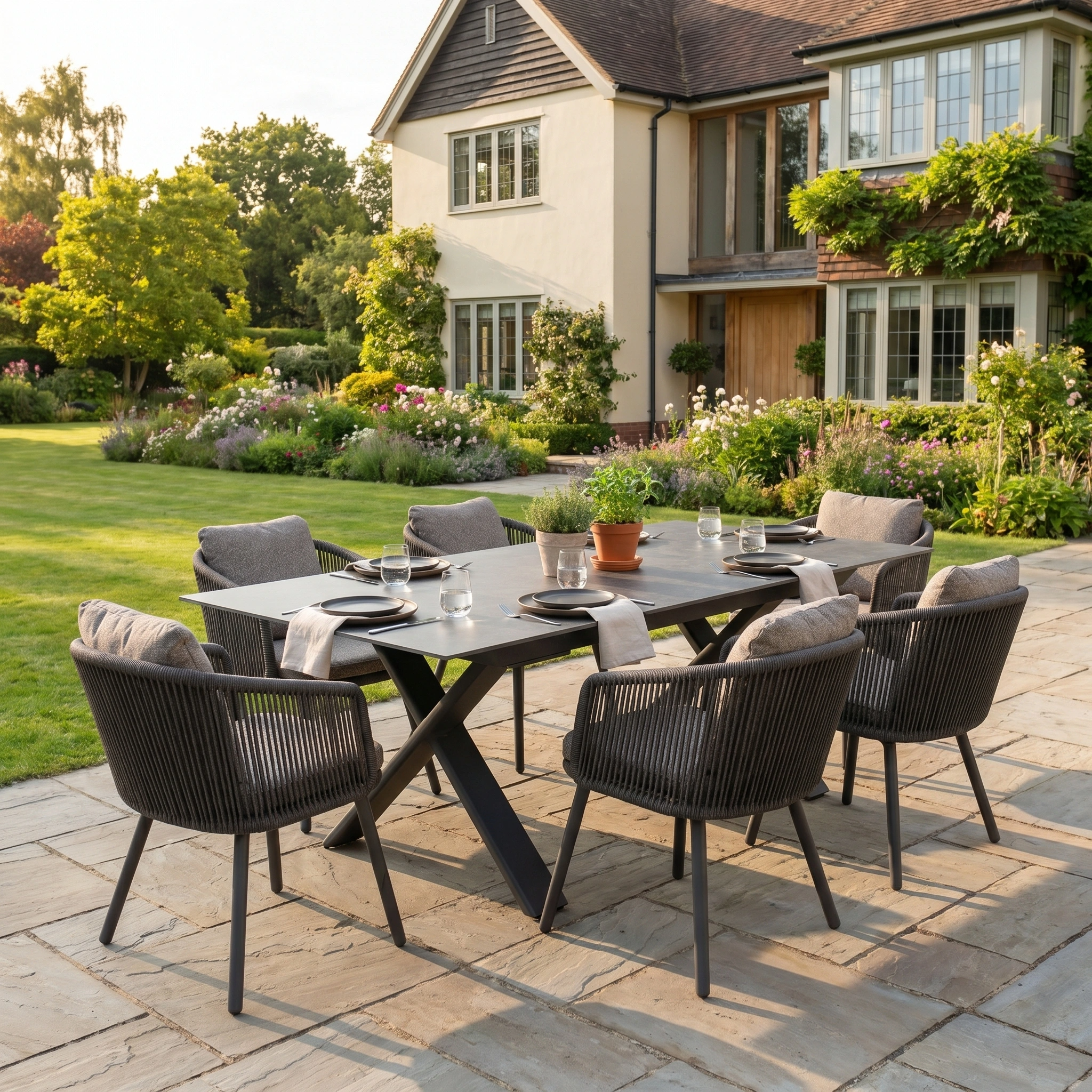 The Theia 6 Seat Rope Dining Set with Albatross Extending Table in Truffle is arranged on a stone patio in a landscaped garden beside a large house.