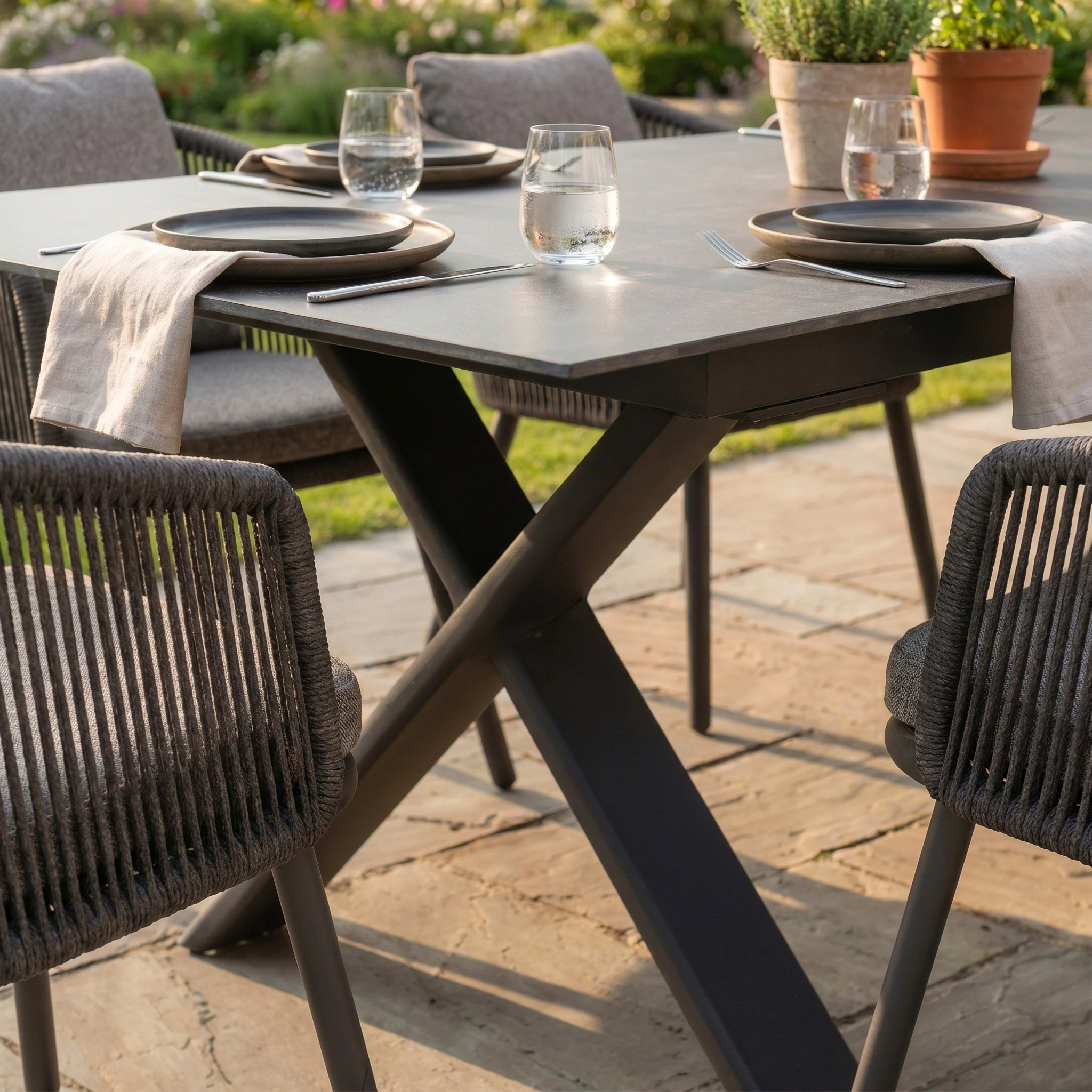 Theia 6 Seat Rope Dining Set in Truffle features the elegant Albatross Extending Table and includes rope-woven chairs—perfect for modern garden dining with plates, glasses, and napkins.
