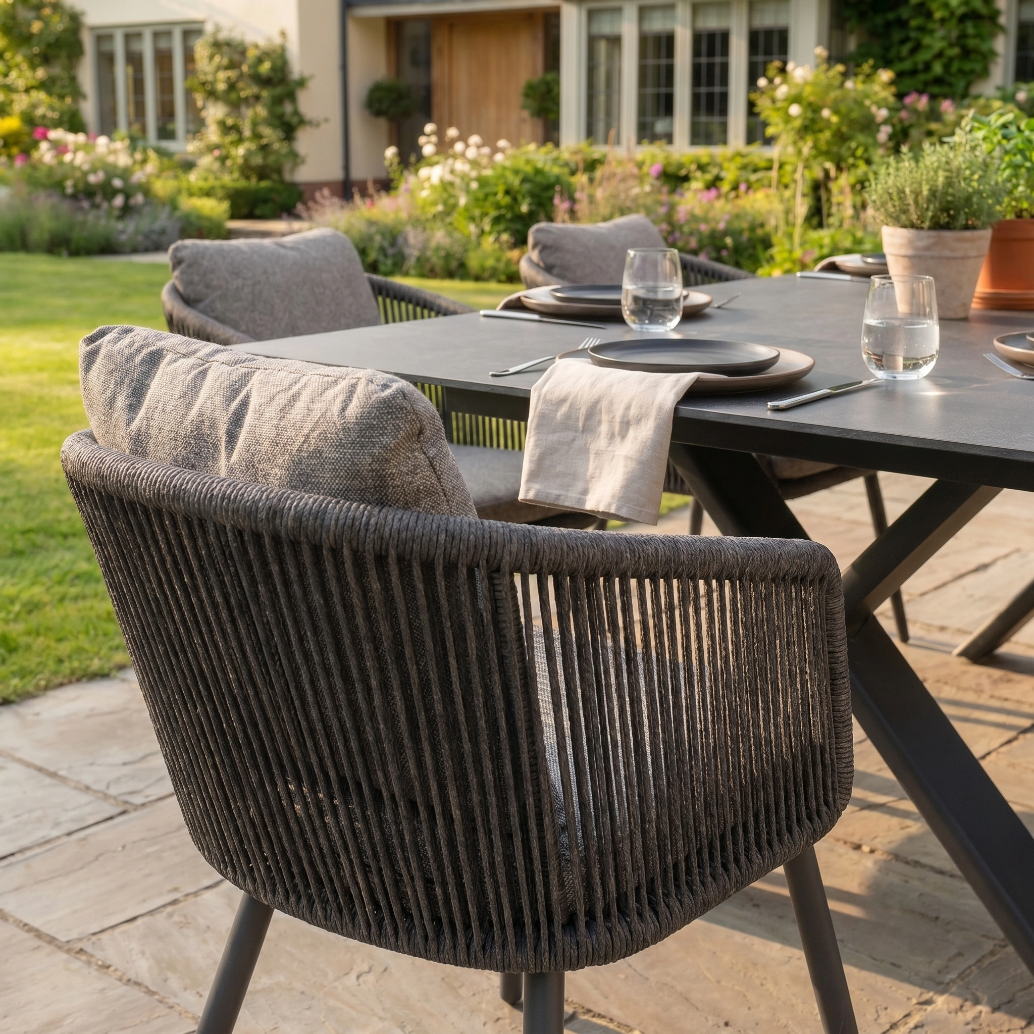 The Theia 6 Seat Rope Dining Set with Albatross Extending Table in Truffle adds stylish, modern outdoor dining to your garden patio, featuring comfy cushioned chairs and elegant place settings for six.