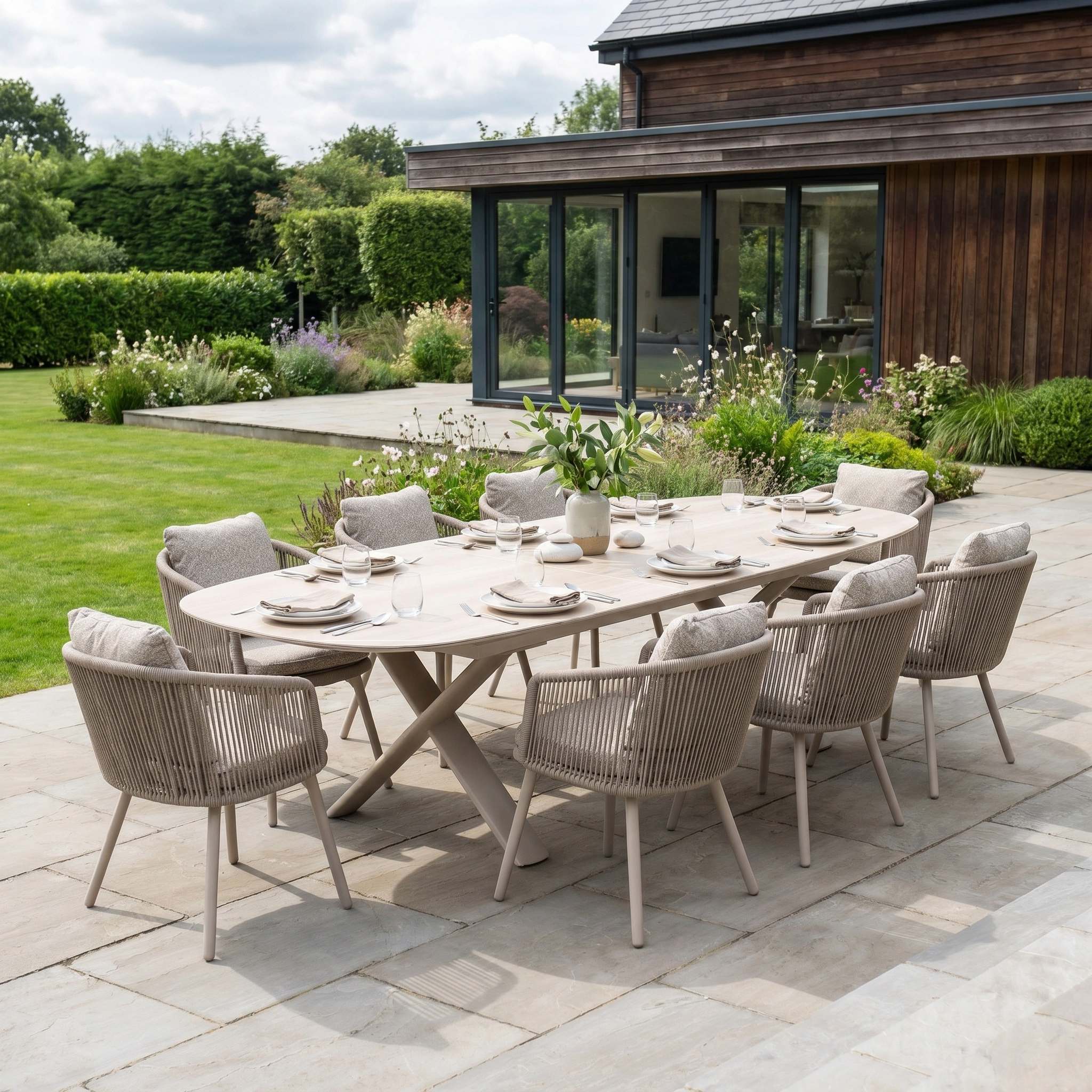 Theia 8 Seat Oval Rope Dining Set with Albatross Extending Table in Oatmeal offers stylish outdoor dining with eight rope chairs, ideal for patios by lush gardens and modern homes.