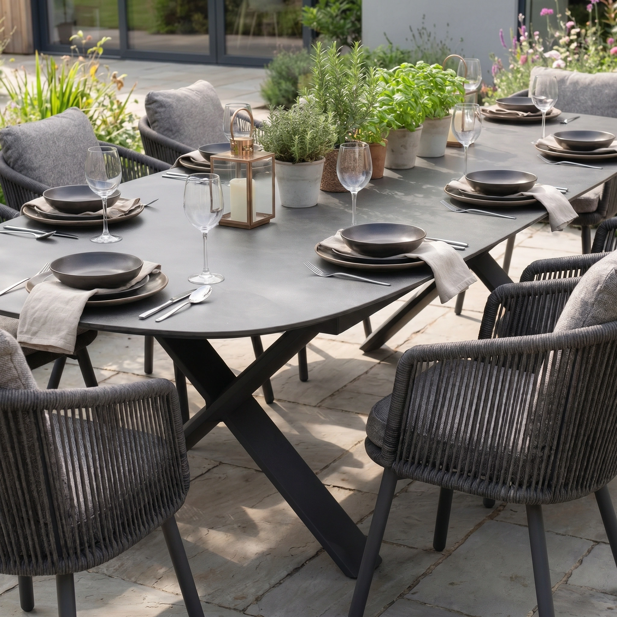Theia 8 Seat Oval Rope Dining Set with Albatross Extending Table in Truffle offers spacious outdoor seating for eight, complete with a stylish table—ideal for entertaining guests on your patio or garden.