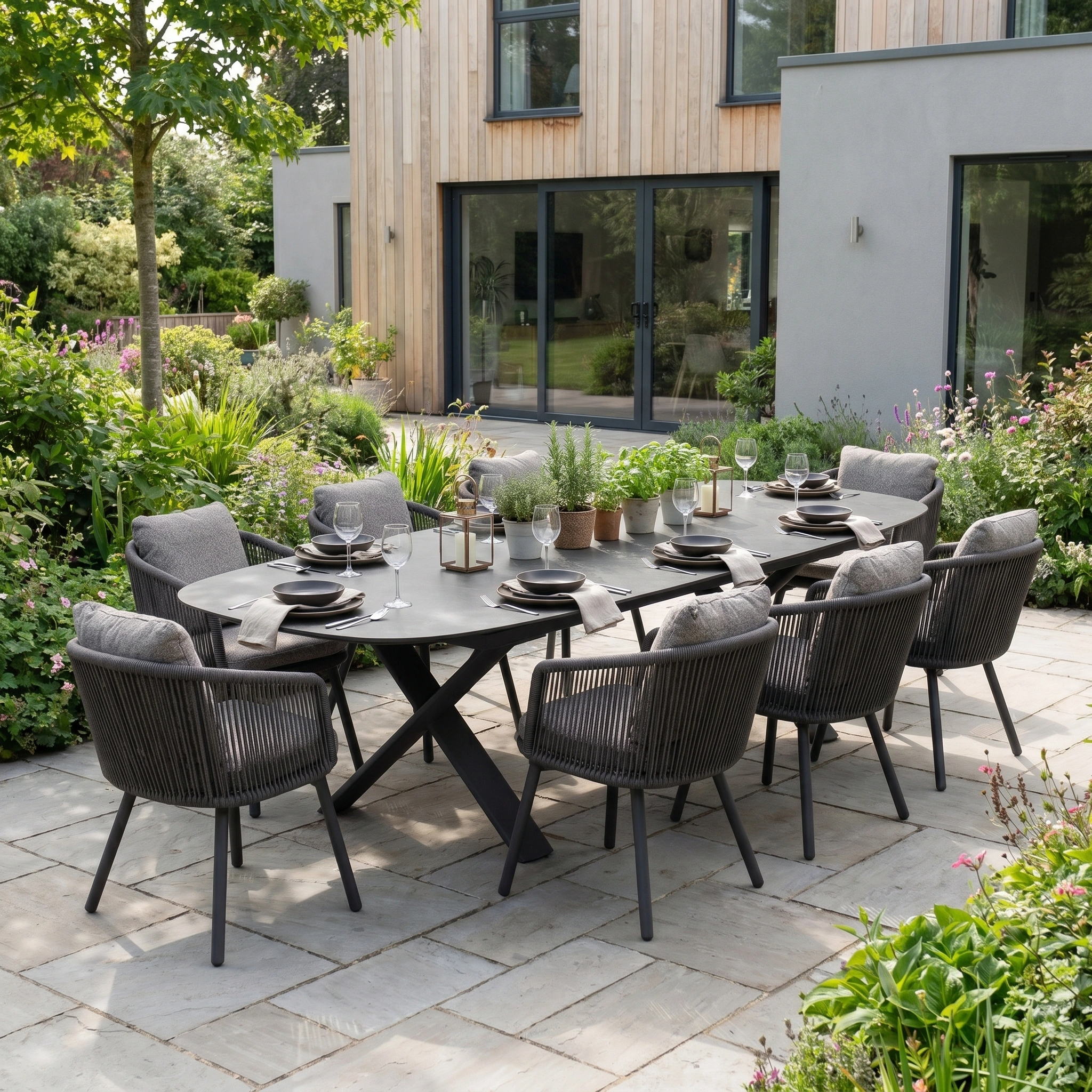 Theia 8 Seat Oval Rope Dining Set with Albatross Extending Table in Truffle creates a stylish outdoor dining area on a stone patio, surrounded by lush garden greenery.