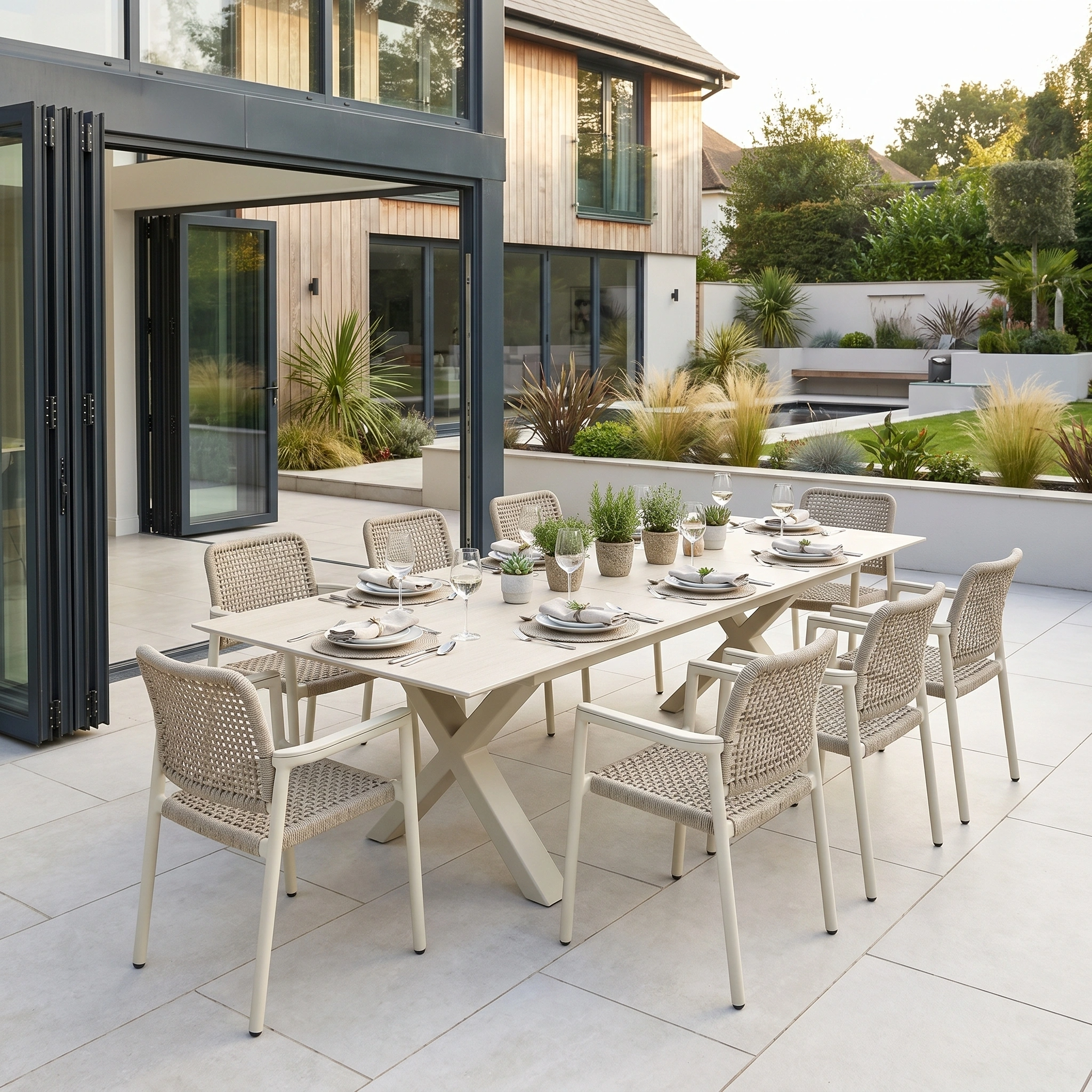 A modern outdoor dining area is styled with the Tolo 8 Seat Extending Dining Set in Oatmeal, perfectly arranged for eight next to a glass-walled house.