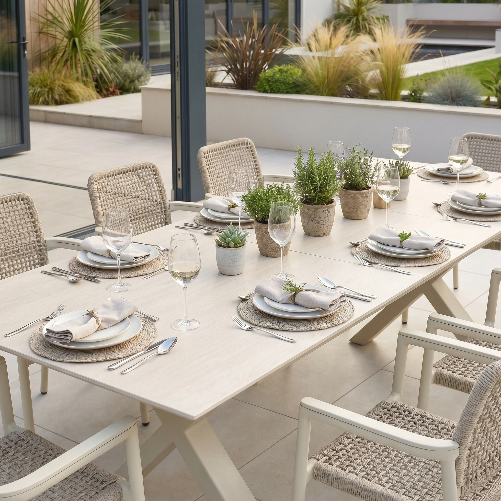 The Tolo 8 Seat Extending Dining Set in Oatmeal includes a sintered stone table and woven chairs with rope detailing, styled with potted plants, wine glasses, and neutral tableware for outdoor dining.