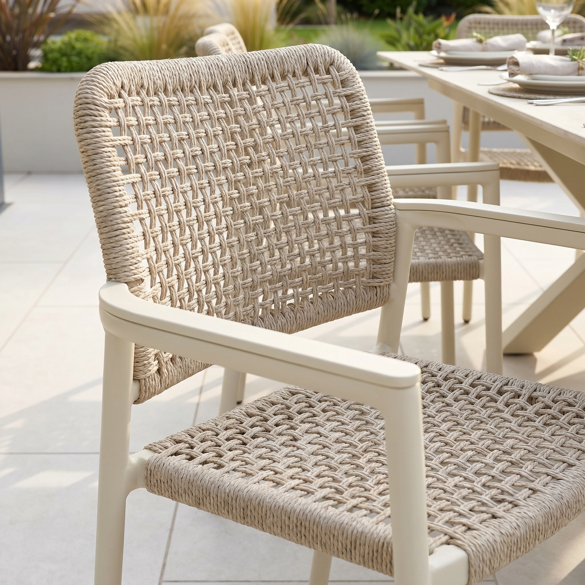 Woven oatmeal outdoor chair beside a sintered stone table on a tiled patio, with plants in the background—part of the elegant Tolo 8 Seat Extending Dining Set in Oatmeal.