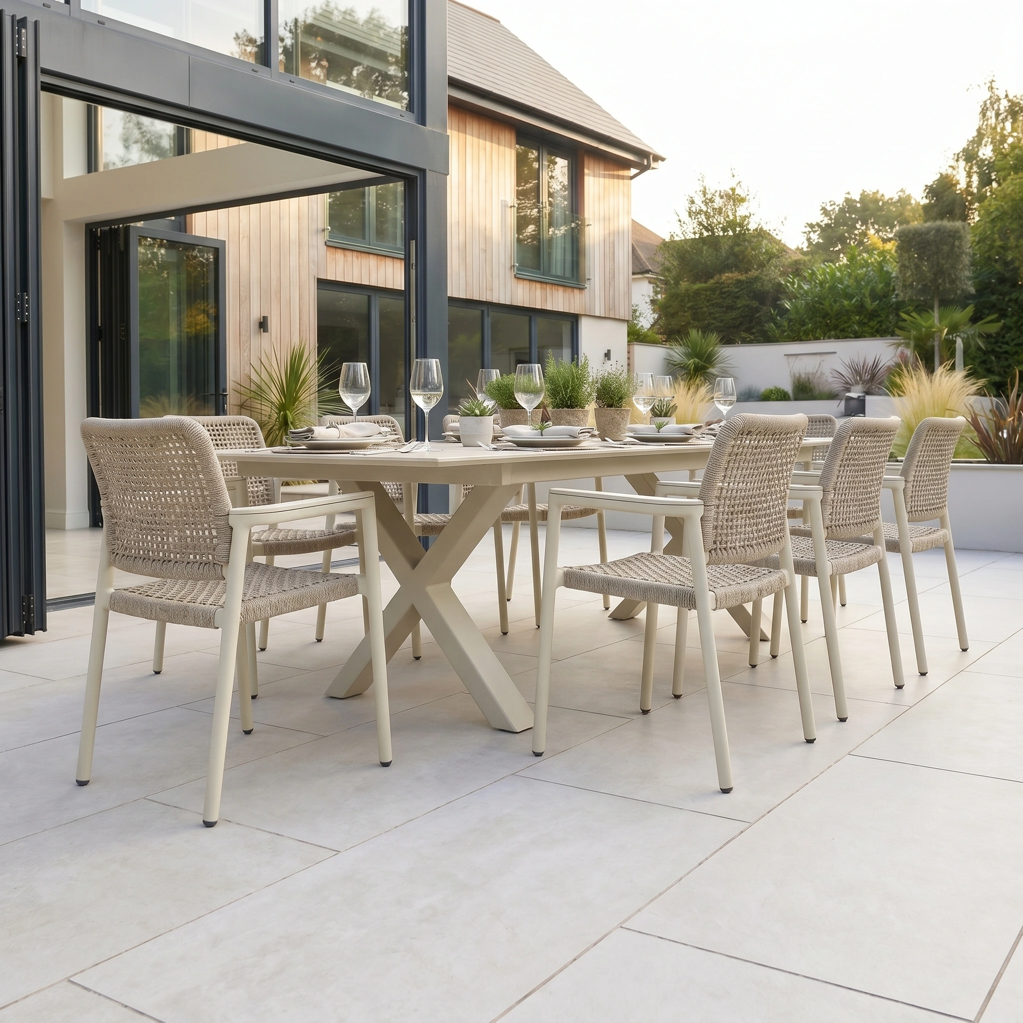 The Tolo 8 Seat Extending Dining Set in Oatmeal, with a sintered stone table and woven rope chairs, offers modern outdoor dining style—perfect for patios beside contemporary homes with large glass doors.