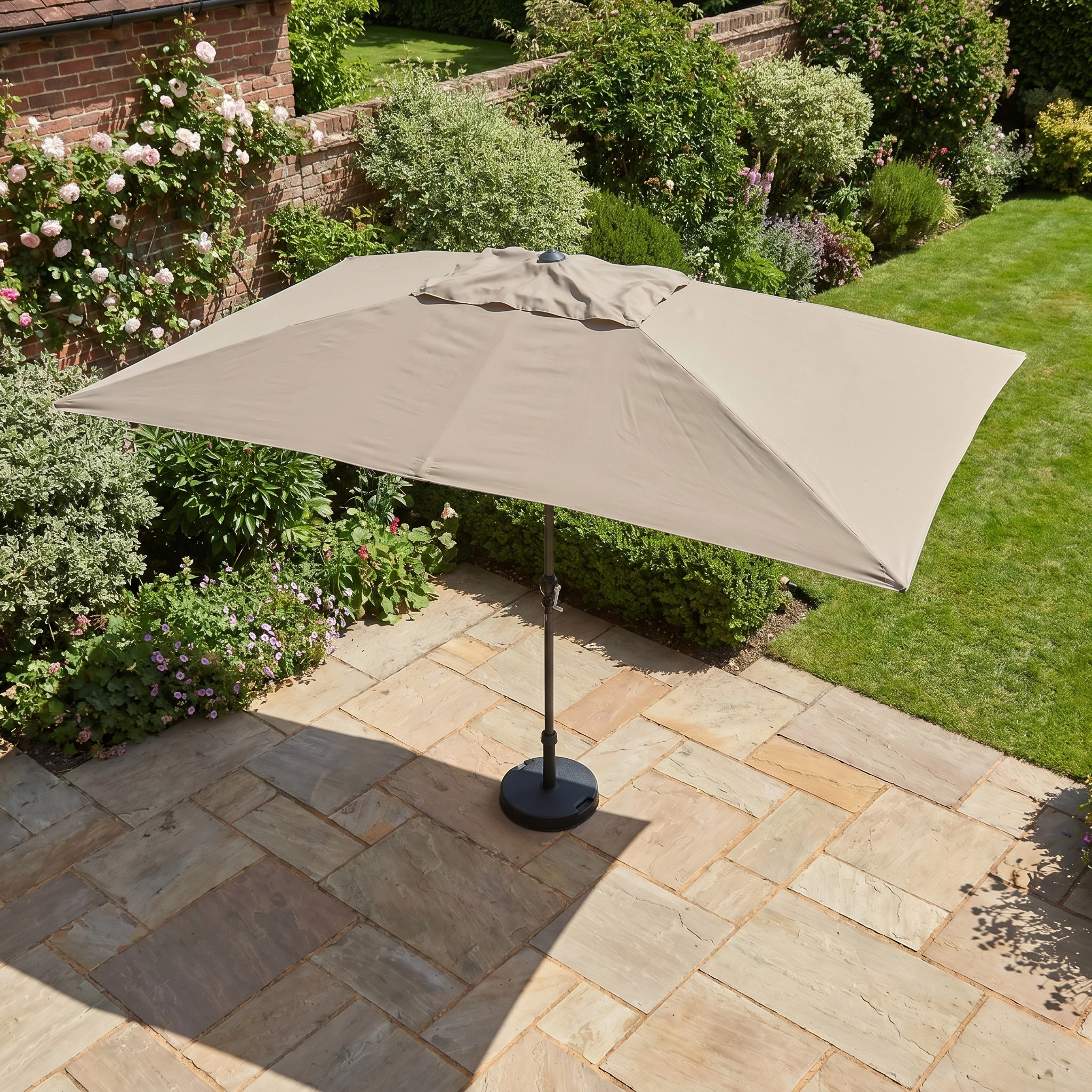 The Triton 3m x 2m Rectangular Aluminium Parasol in Khaki offers stylish, fade-resistant shade for your garden terrace, featuring a durable aluminium frame and elegant design for outdoor comfort.