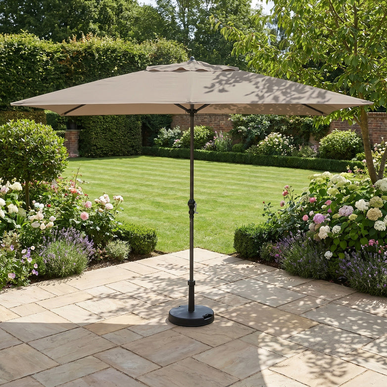 The Triton 3m x 2m Rectangular Aluminium Parasol in Khaki offers stylish shade and UV protection for your garden or terrace, perfect for relaxing outdoors.