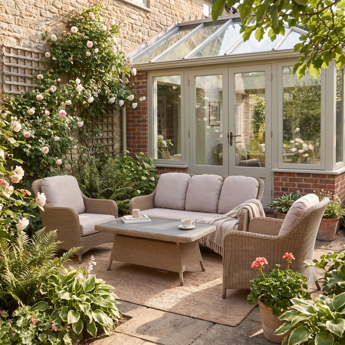 a patio with a table and chairs