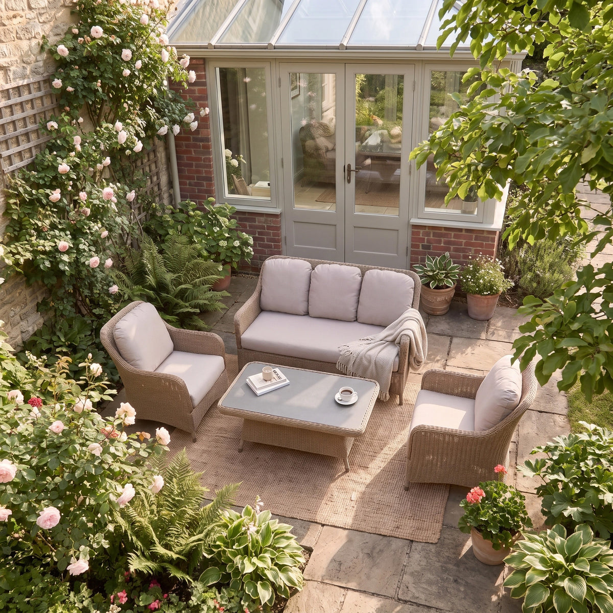 a patio area with furniture and plants