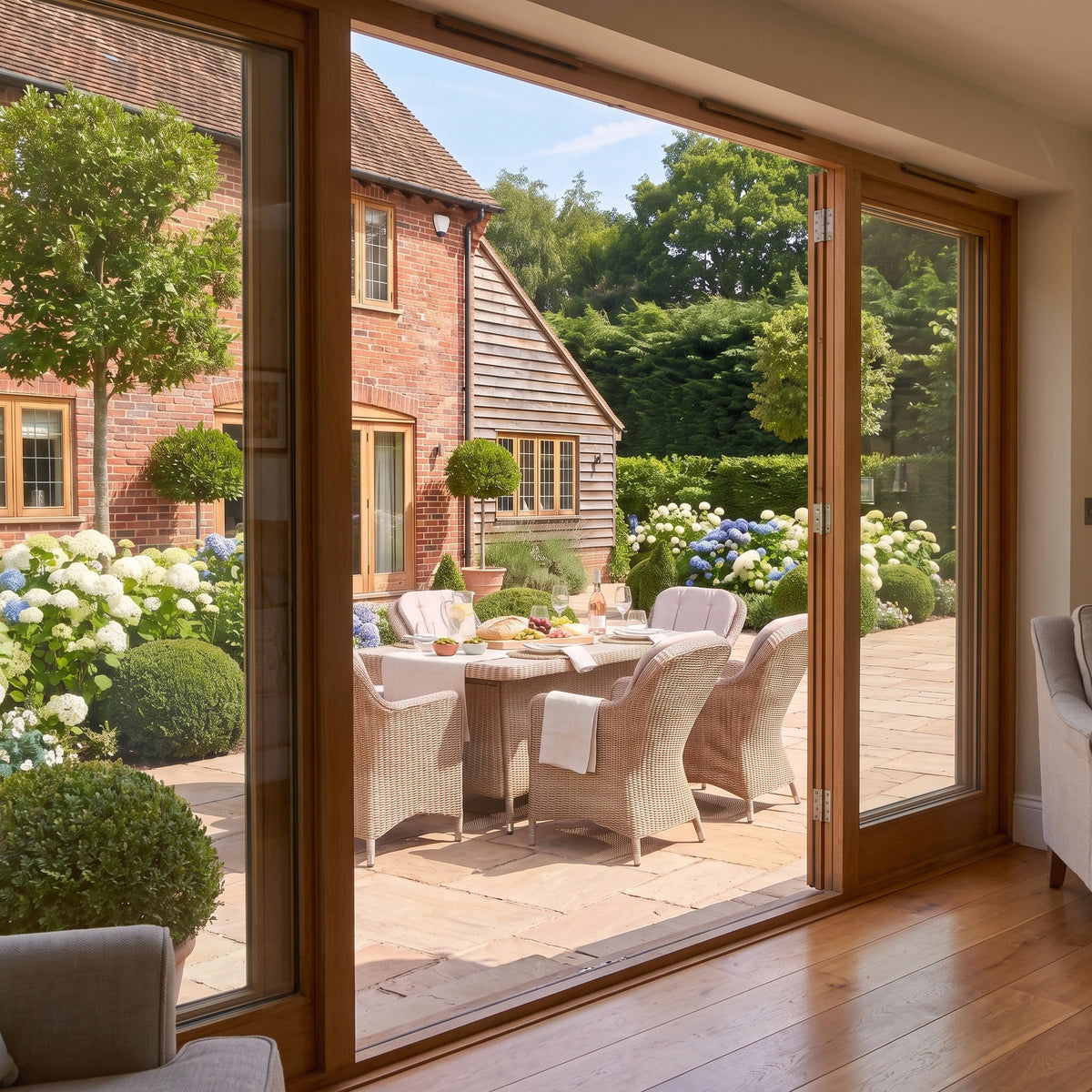 a living room with a patio and a table outside