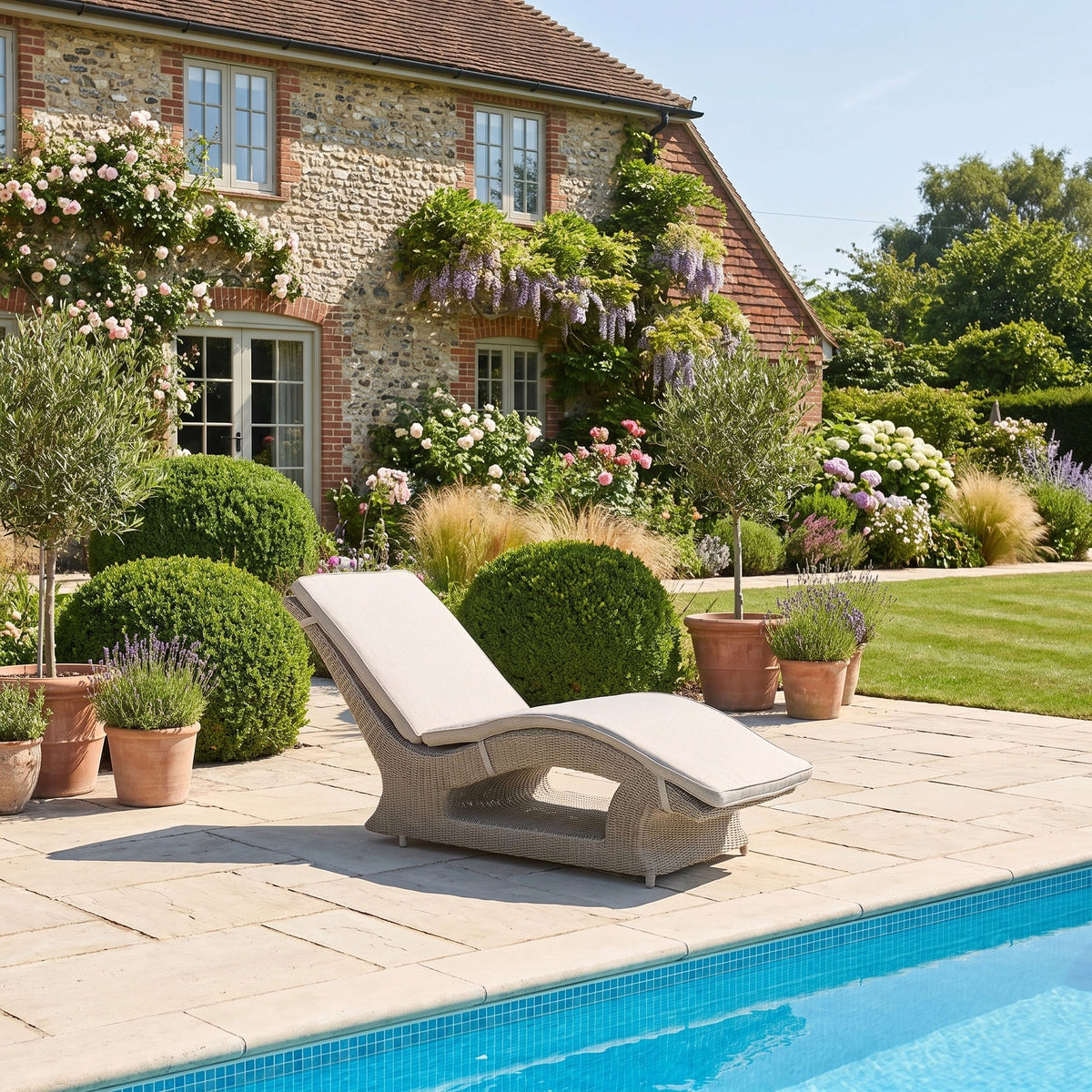 Vela Curved Sun Lounger in Wheat by the pool, surrounded by potted plants and a garden, set against a stone house exterior.