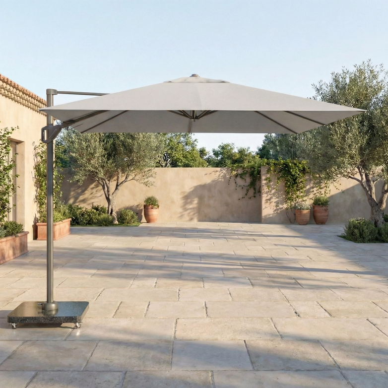 The Voyager T1 3m x 2m Rectangular Cantilever Parasol in Grey features a tilt system, shown on a stone courtyard with potted plants and trees in the background.