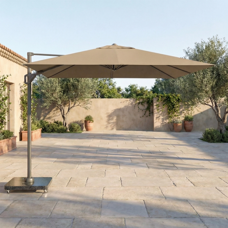 The Voyager T1 3m x 2m Rectangular Cantilever Parasol in Taupe stands open on a tiled courtyard with potted plants and trees, offering generous shade as a stylish outdoor parasol.
