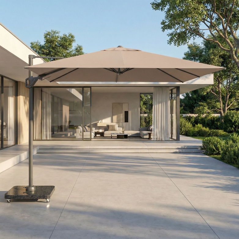 The Voyager T2 2.7m Square Cantilever Parasol in Taupe shades an outdoor seating area by a modern glass-walled house on a sunny day.