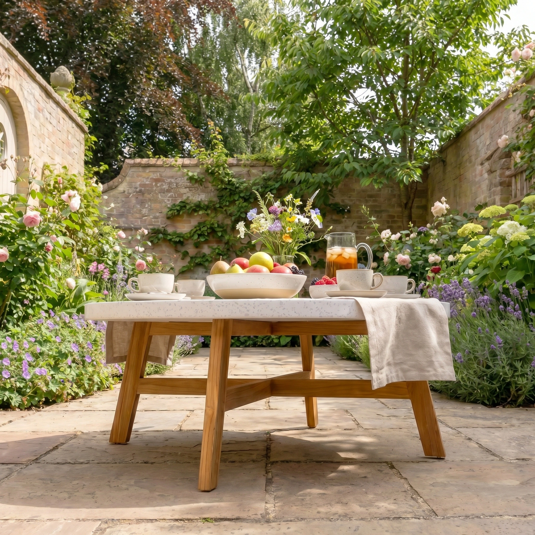 The Yosemite Coffee Table sits among flowers in a sunlit garden, adorned with fruit, tea, and cups.