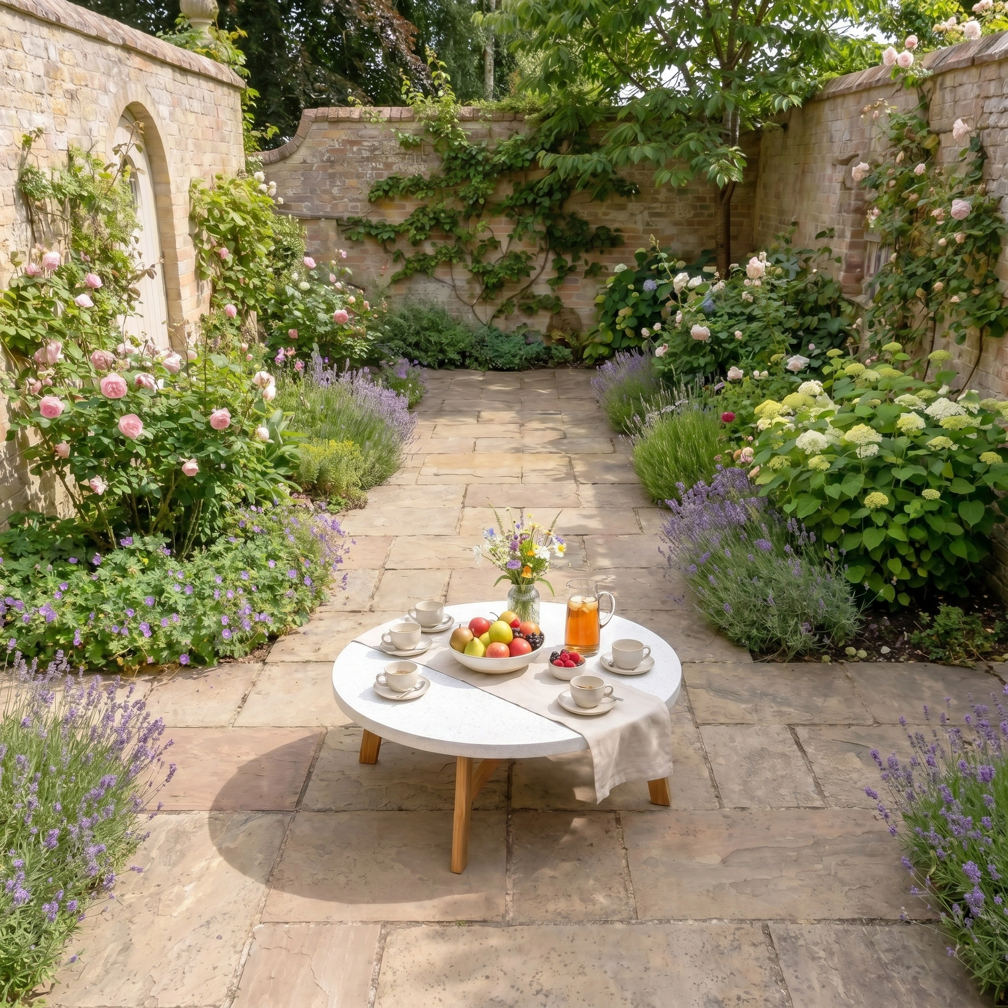 A garden patio with flowers, a Yosemite Coffee Table set for tea, fruit, and a pitcher of juice on a sunny day.