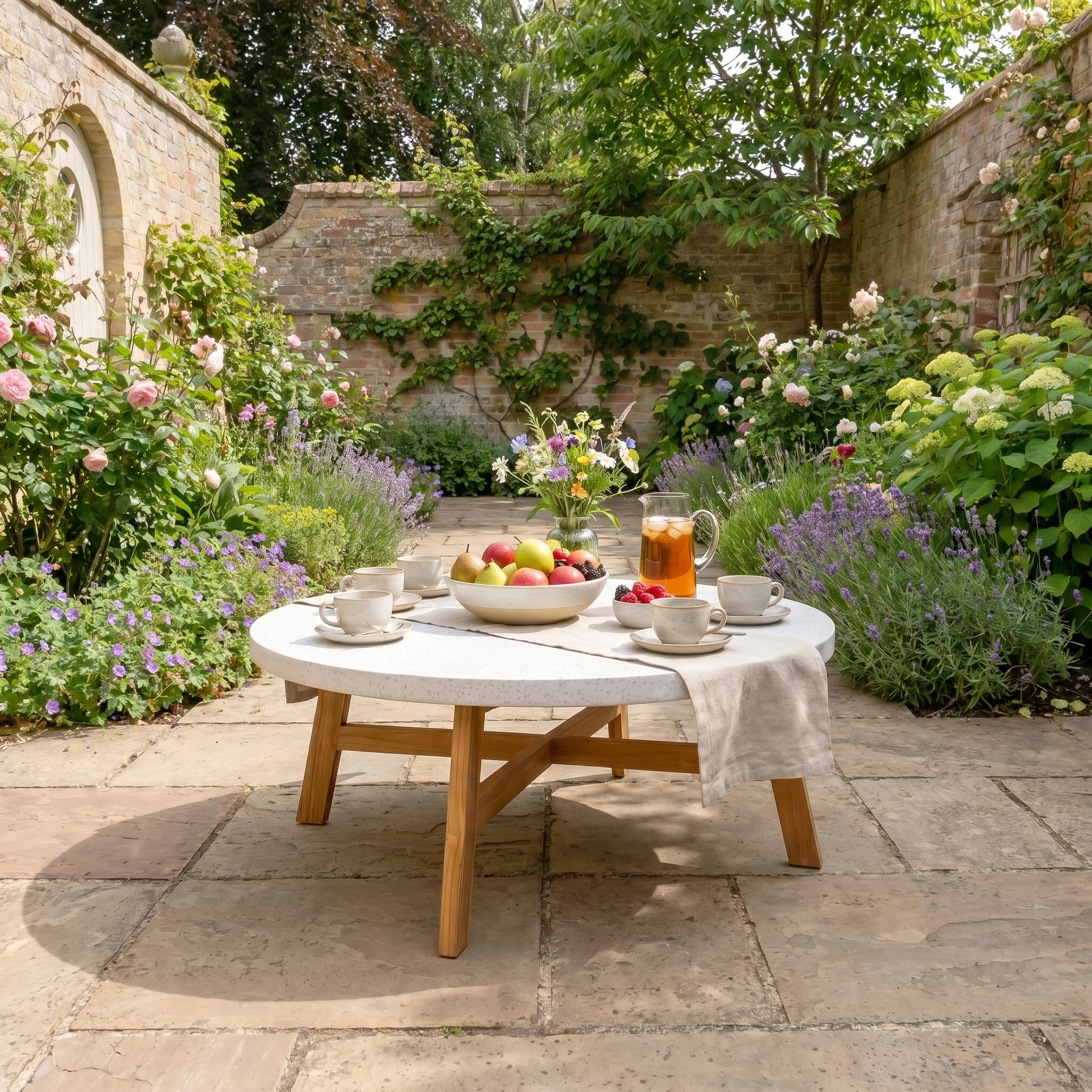 A garden patio featuring the Yosemite Coffee Table, set for tea and surrounded by blooming flowers and lush greenery.