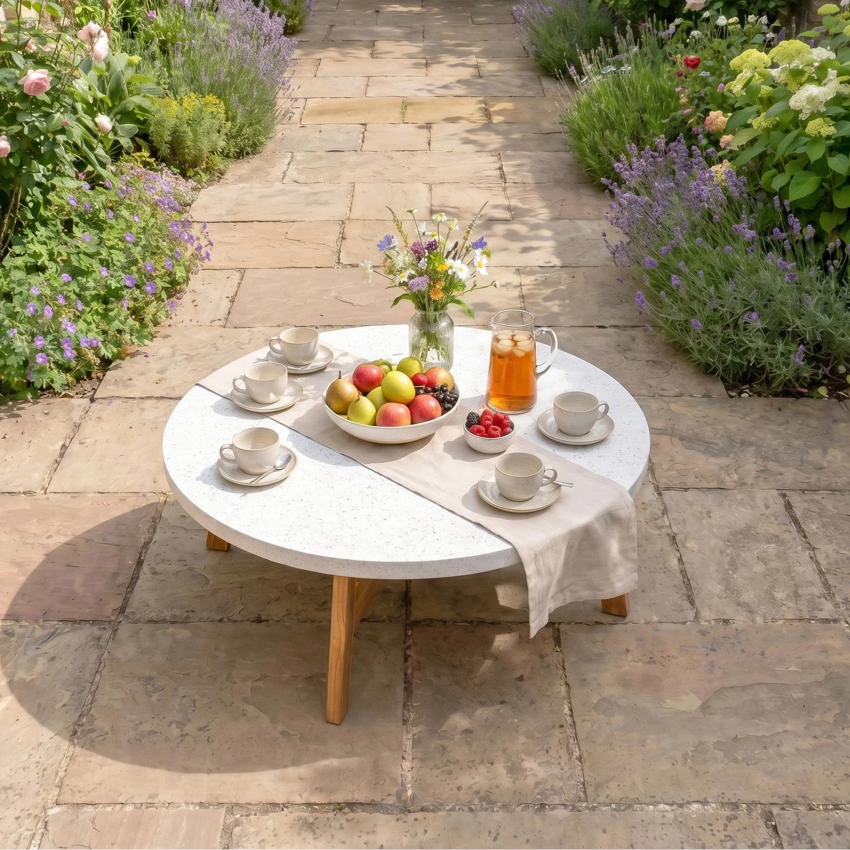 The Yosemite Coffee Table displays fruit, a tea set, and flowers on a stone patio surrounded by blooming plants—a perfect example of elegant teak outdoor furniture.