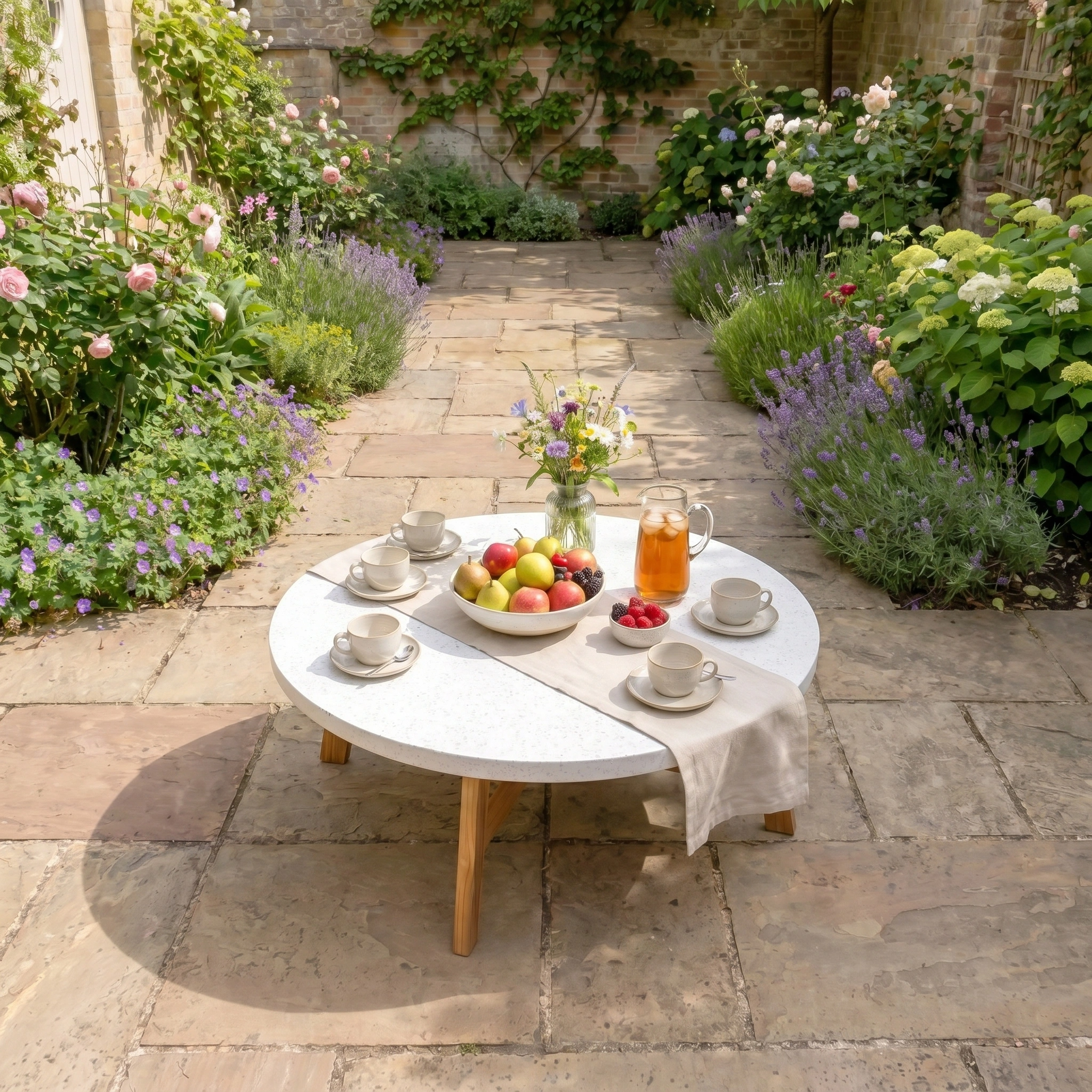 The Yosemite Coffee Table is set outdoors with tea, fruit, and flowers, surrounded by a sunny garden with stone paving and blooming plants.