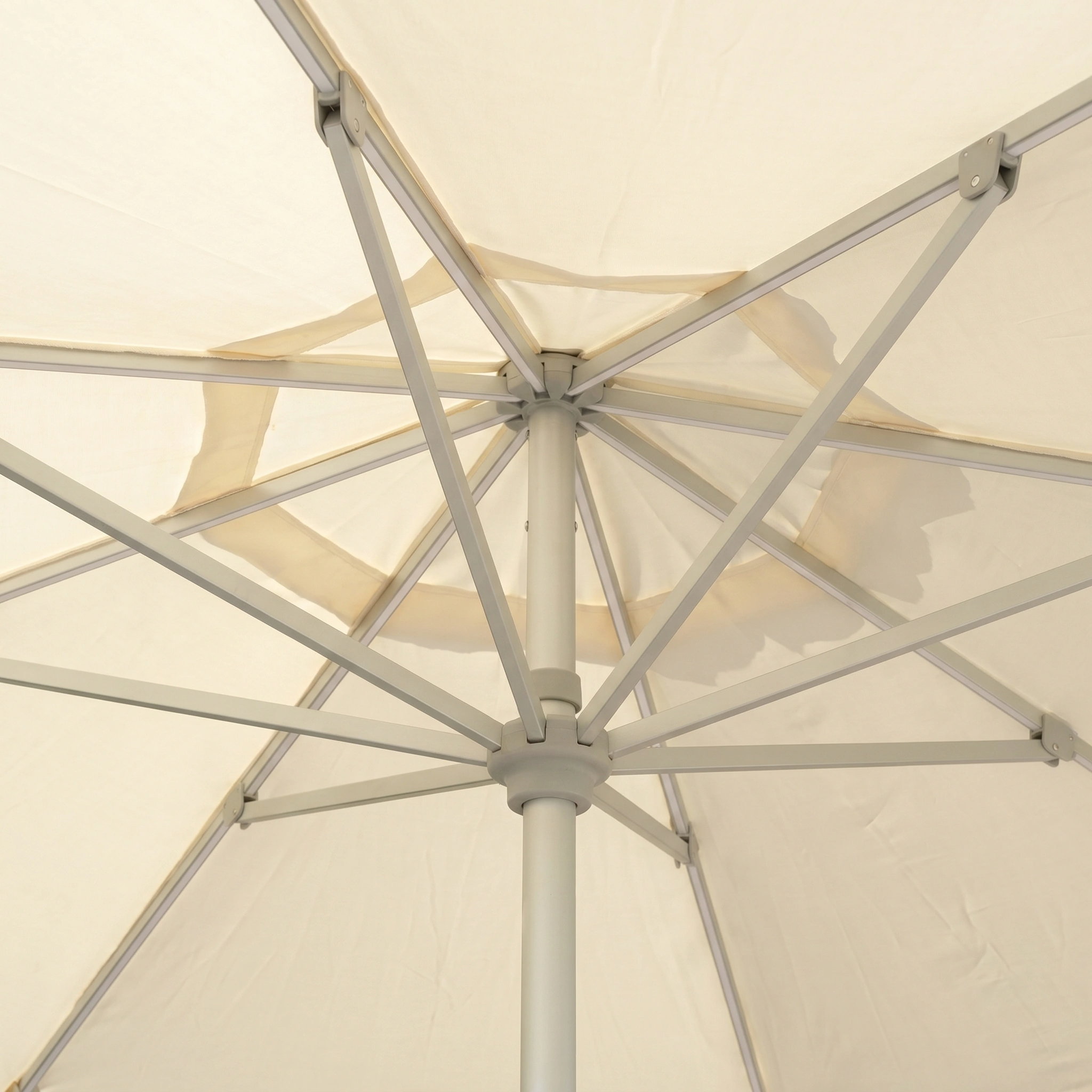 Close-up of the Zelos 2.5M Round Parasol with LED Lighting in cream, featuring a metal frame—an ideal choice for outdoor sun protection.