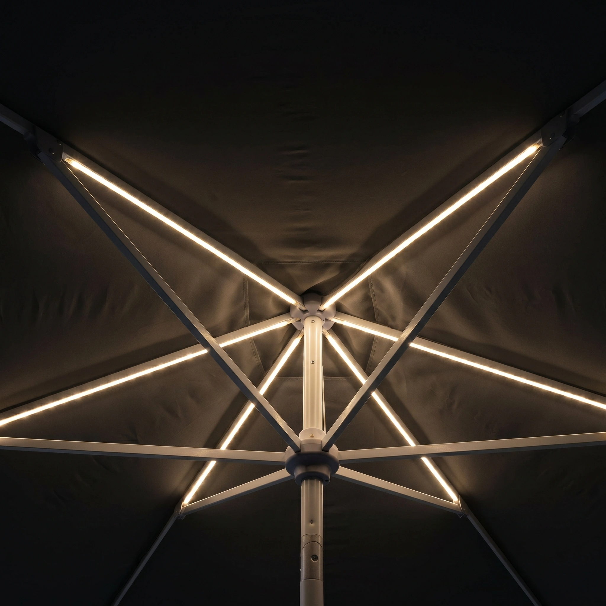 The Zelos 2.5m Square Parasol with LED Lighting in Grey features illuminated spokes for style and UV protection, making it a perfect patio addition.
